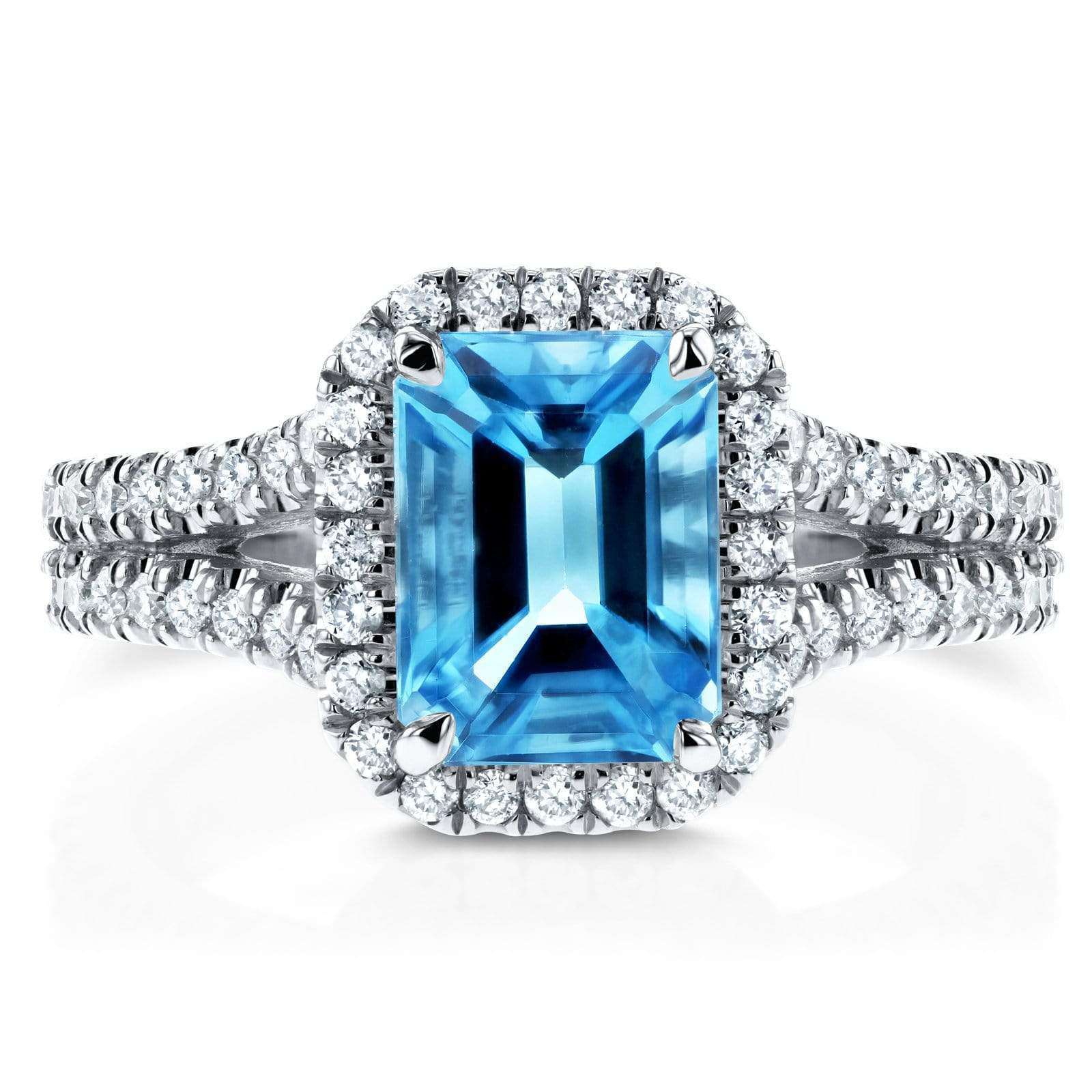 Kobelli Emerald Cut Swiss Blue Topaz and Diamond Halo Split Shank Ring 2ct CTW 14k White Gold