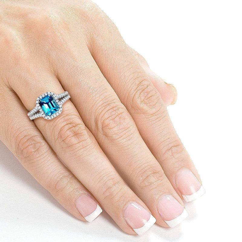 Kobelli Emerald Cut Swiss Blue Topaz and Diamond Halo Split Shank Ring 2ct CTW 14k White Gold