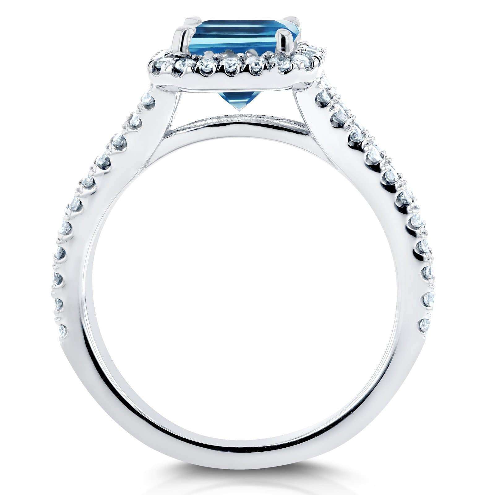 Kobelli Emerald Cut Swiss Blue Topaz and Diamond Halo Split Shank Ring 2ct CTW 14k White Gold