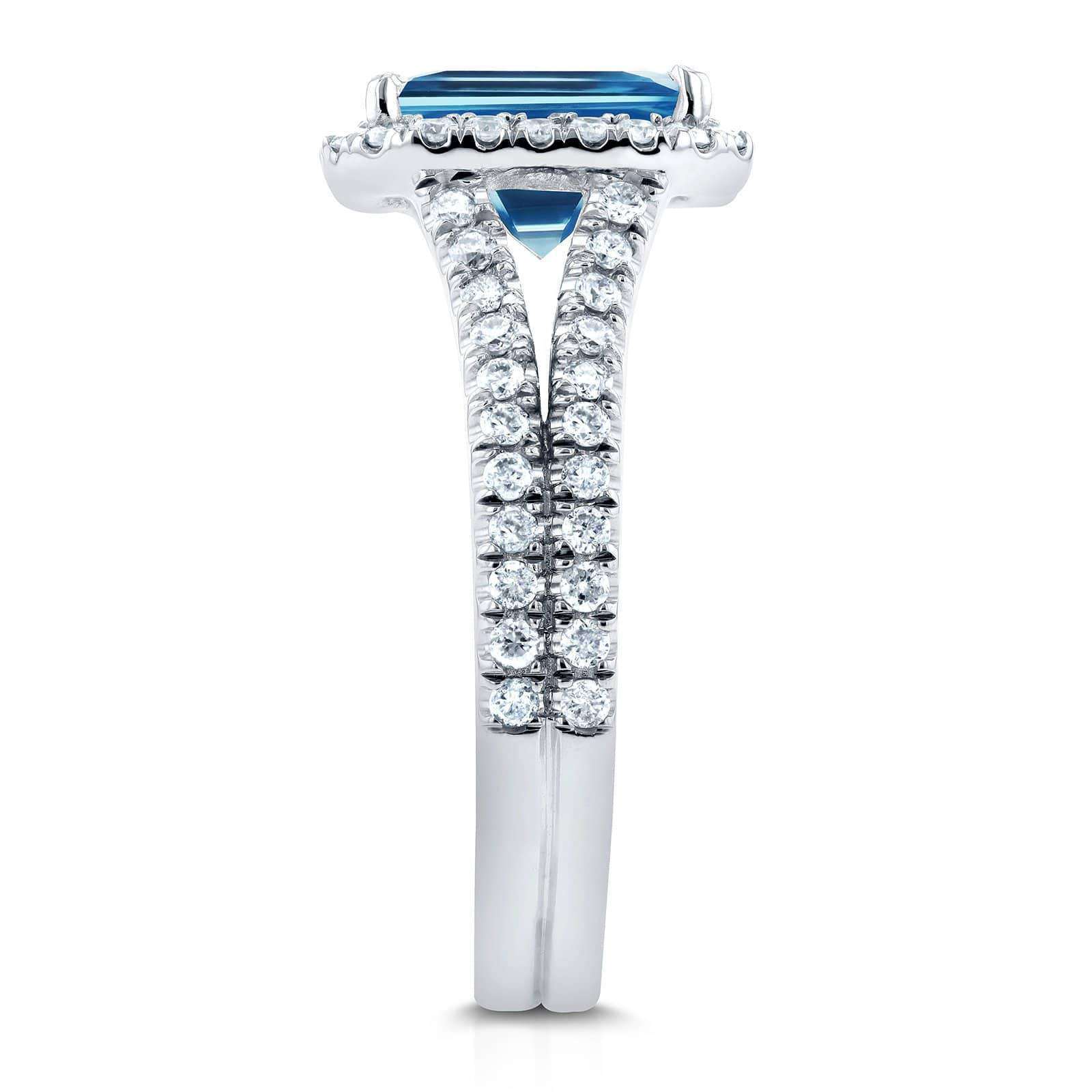 Kobelli Emerald Cut Swiss Blue Topaz and Diamond Halo Split Shank Ring 2ct CTW 14k White Gold