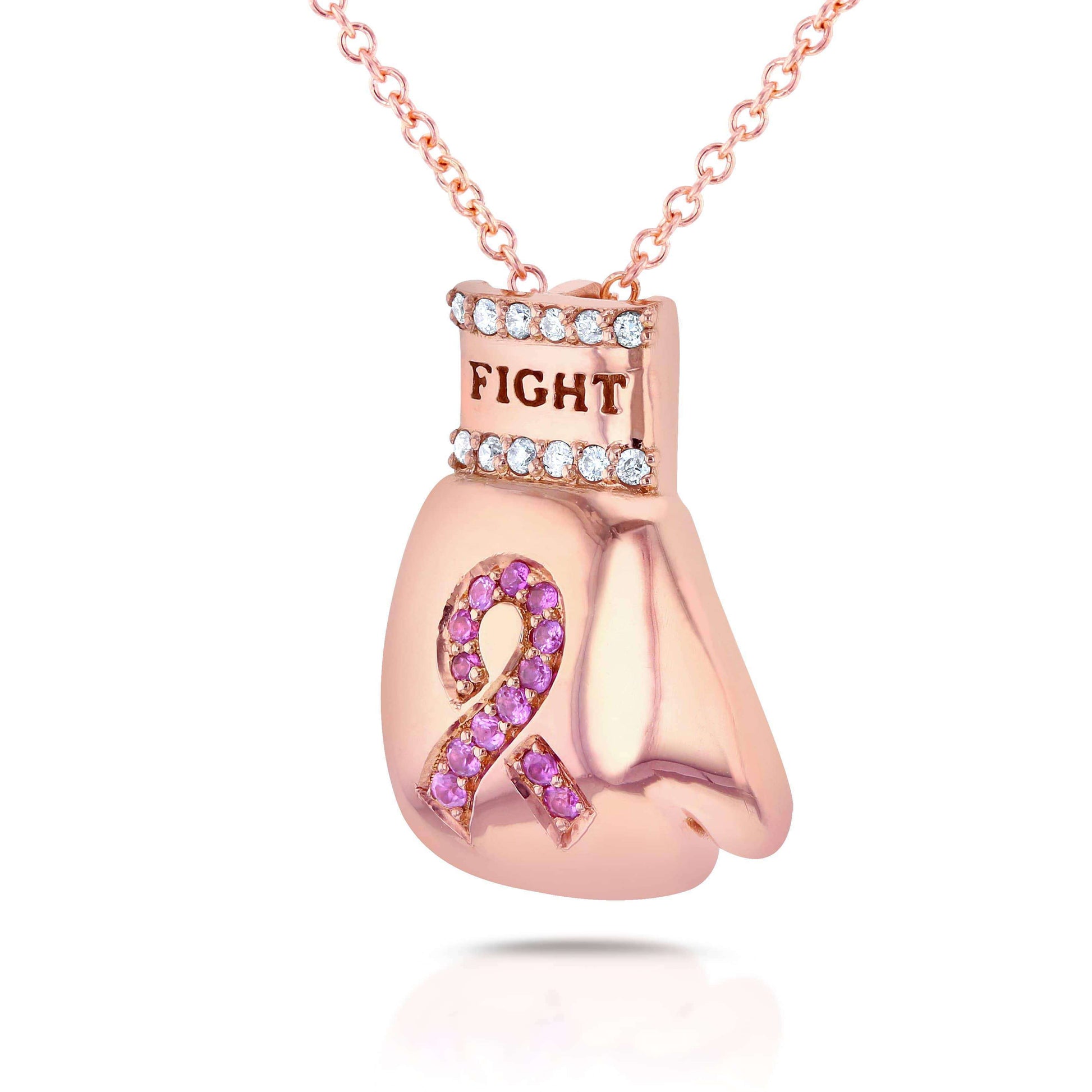 Kobelli BCA Pink Sapphire & Diamond "Fight" Breast Cancer Awareness Pendant 14k Rose Gold (16" Chain) 62109PK-R
