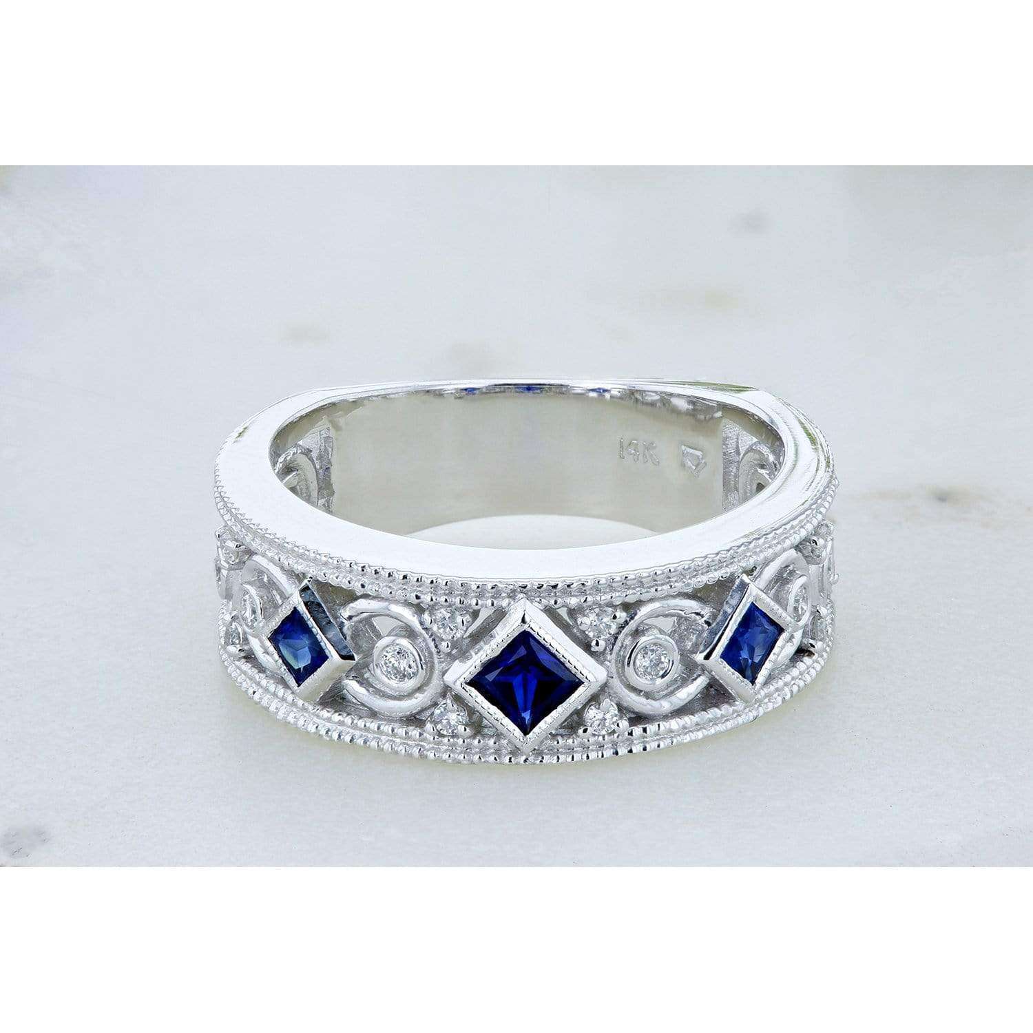 Kobelli Diamond and Blue Sapphire  Milgrain Band 1/2 CTW in 14k White Gold