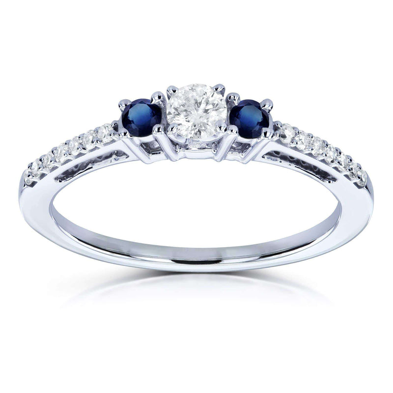 Kobelli Three Stone Round Diamond and Sapphire Engagement Ring 1/4 Carat TW in 10k White Gold