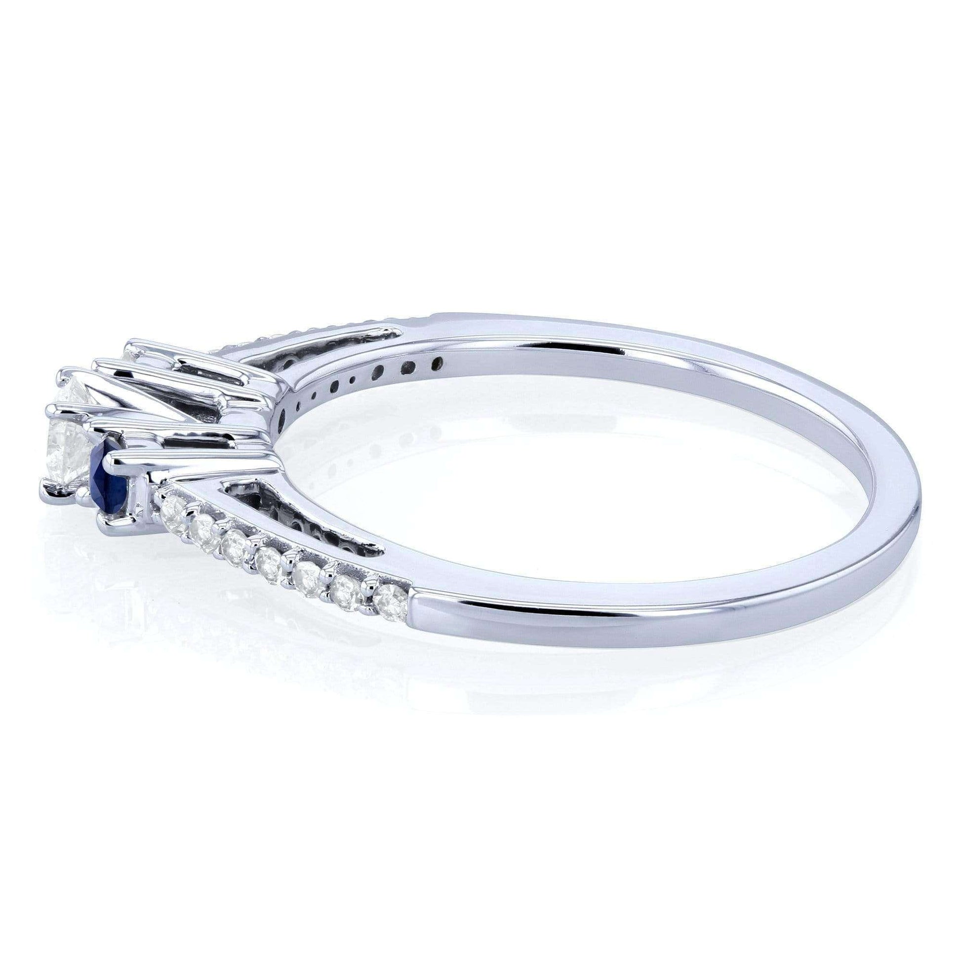 Kobelli Three Stone Round Diamond and Sapphire Engagement Ring 1/4 Carat TW in 10k White Gold