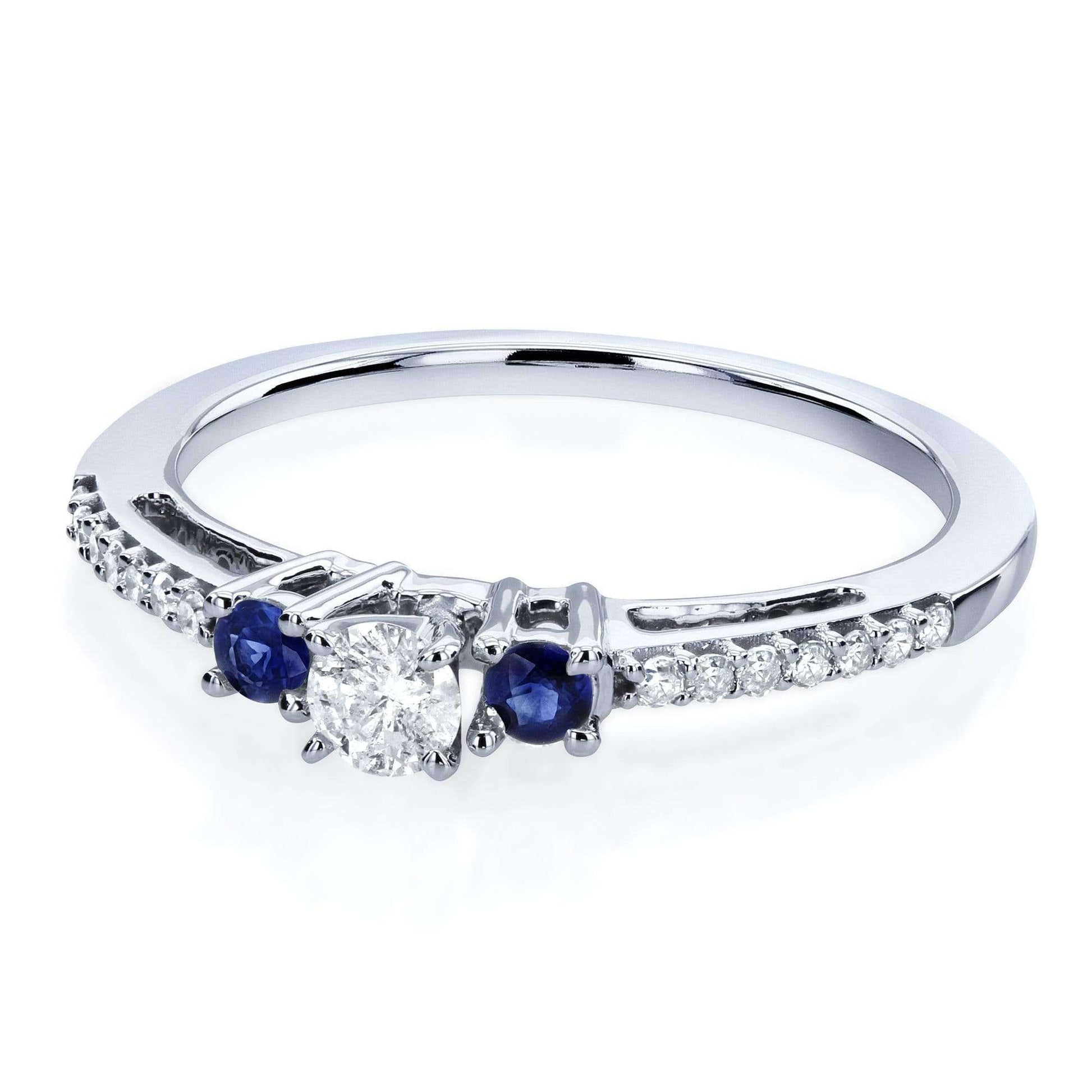 Kobelli Three Stone Round Diamond and Sapphire Engagement Ring 1/4 Carat TW in 10k White Gold