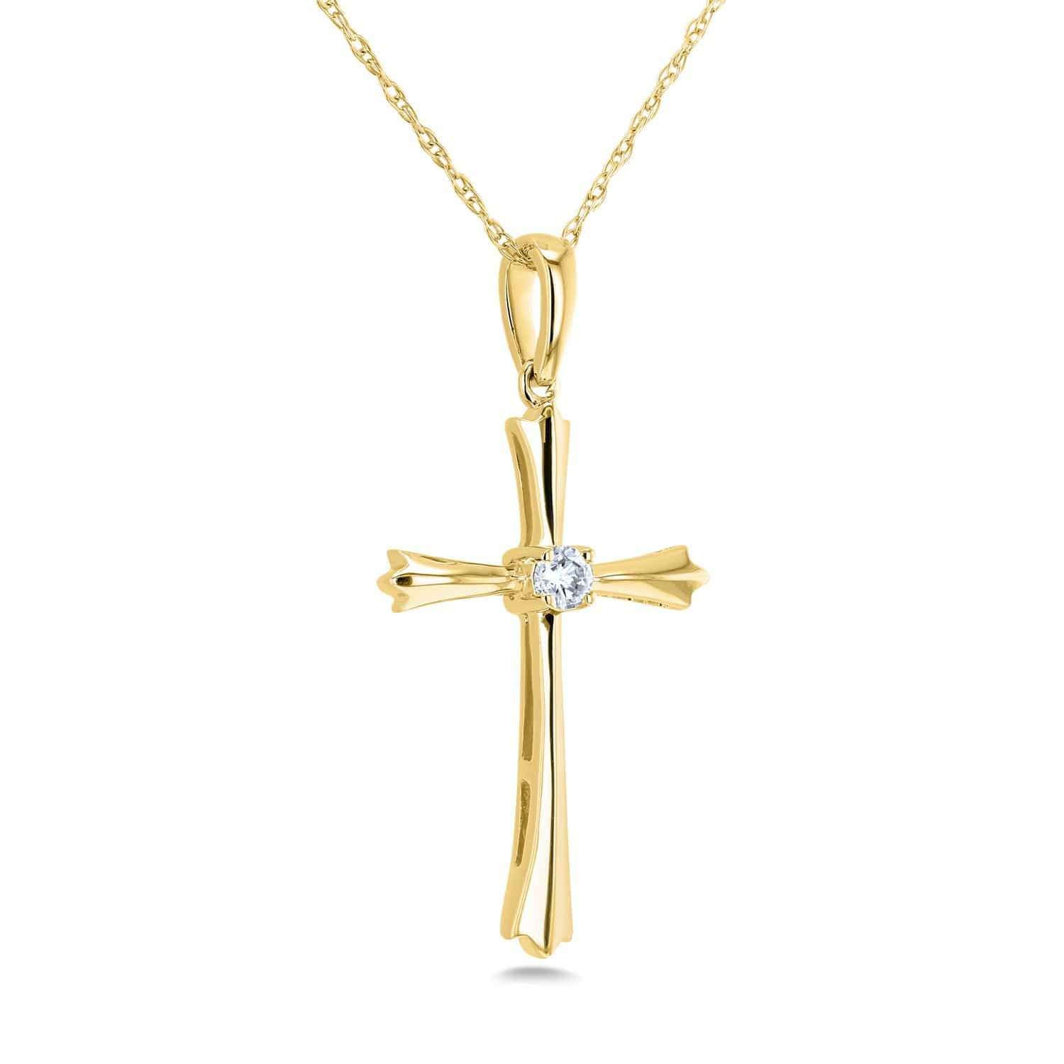 Kobelli Solitaire Diamond Cross Pendant Flared Arms in 10k Gold