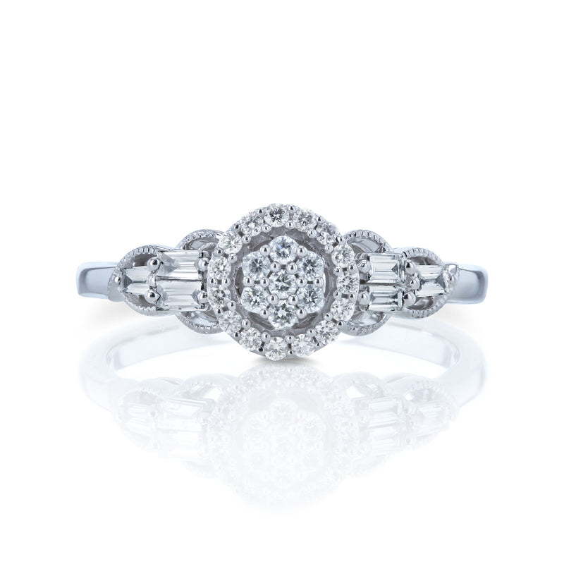 Round Cluster Baguette Accent Diamond Ring