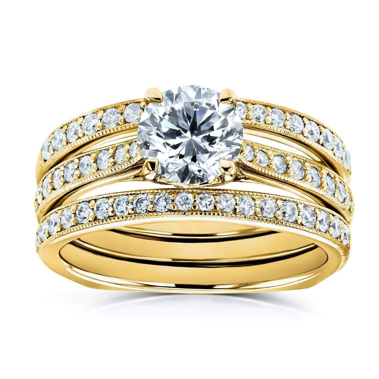 Kobelli Round Diamond Square European Shank Vintage Trellis Bridal Set 1 3/5 CTW 14k Yellow Gold, 3 Piece