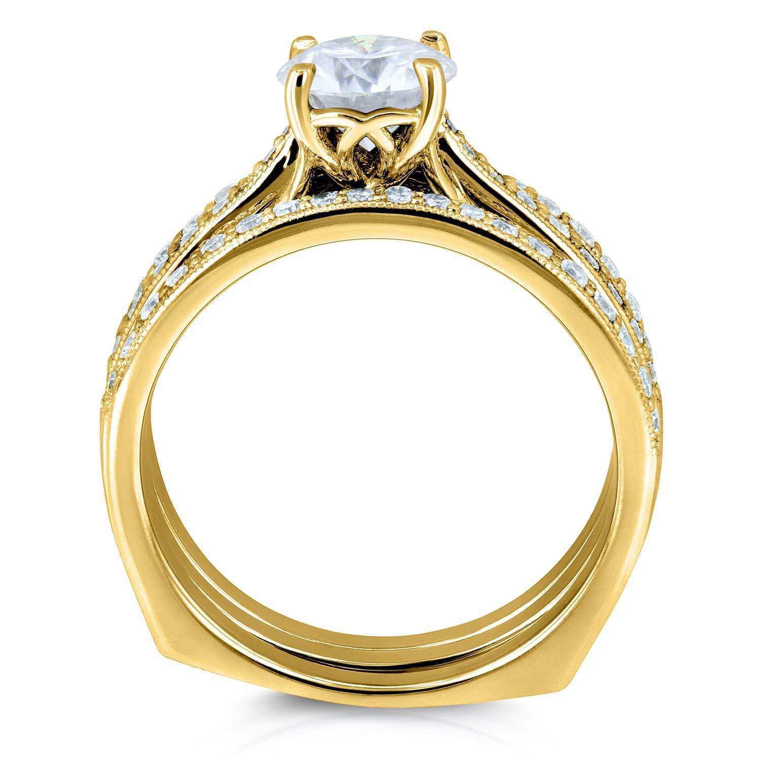 Kobelli Round Diamond Square European Shank Vintage Trellis Bridal Set 1 3/5 CTW 14k Yellow Gold, 3 Piece