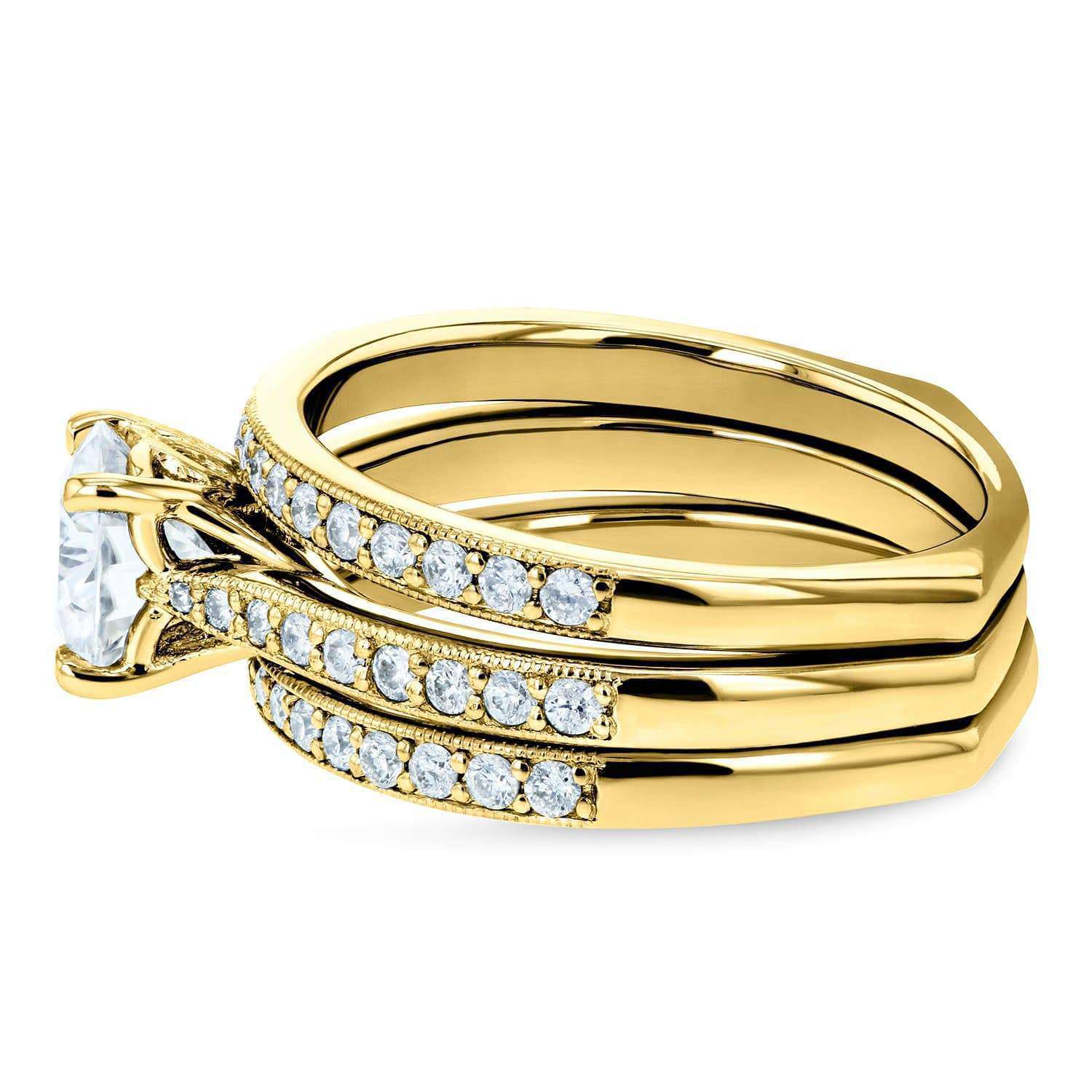 Kobelli Round Diamond Square European Shank Vintage Trellis Bridal Set 1 3/5 CTW 14k Yellow Gold, 3 Piece