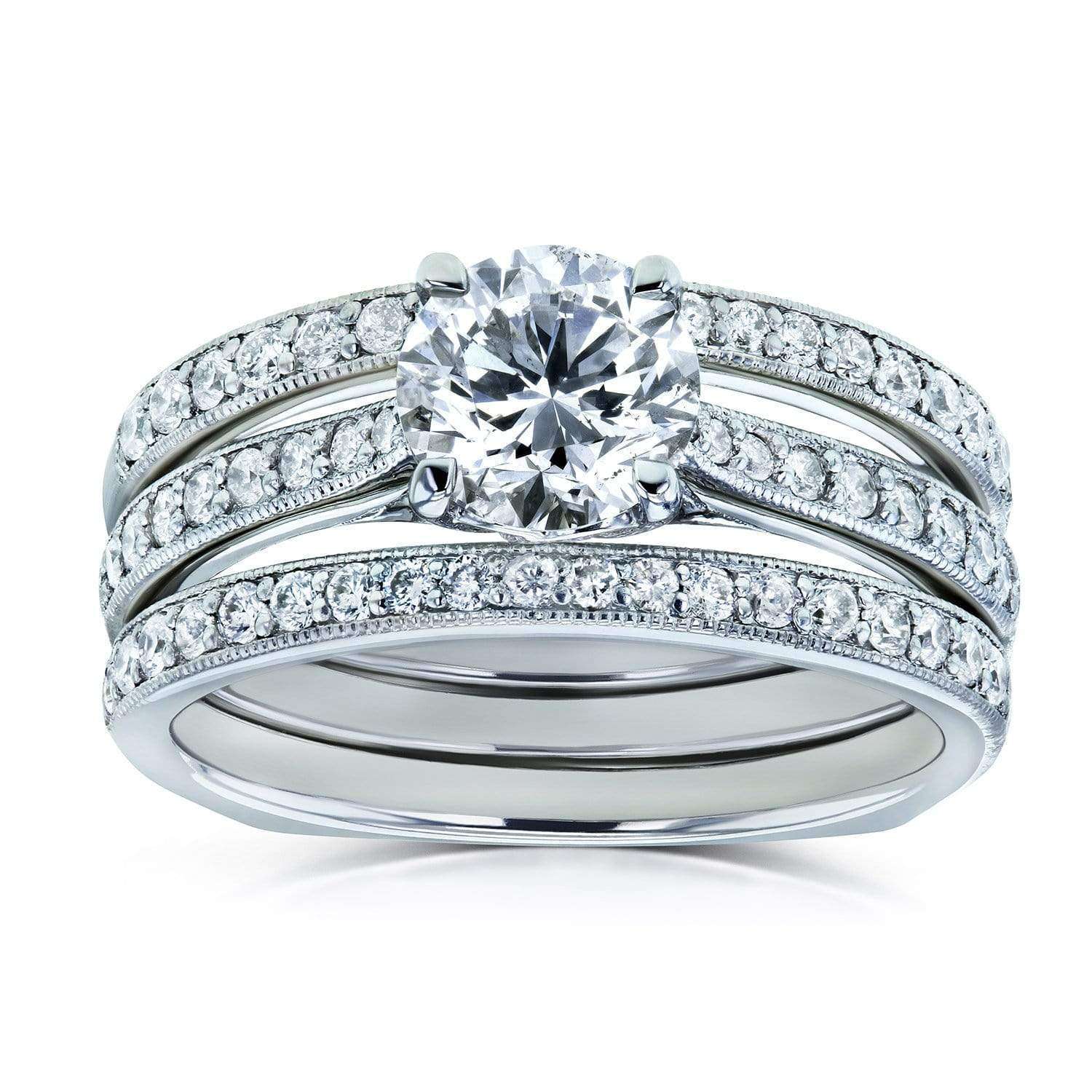 Kobelli Round Diamond Square European Shank Vintage Trellis Bridal Set 1 3/5 CTW 14k White Gold, 3 Piece