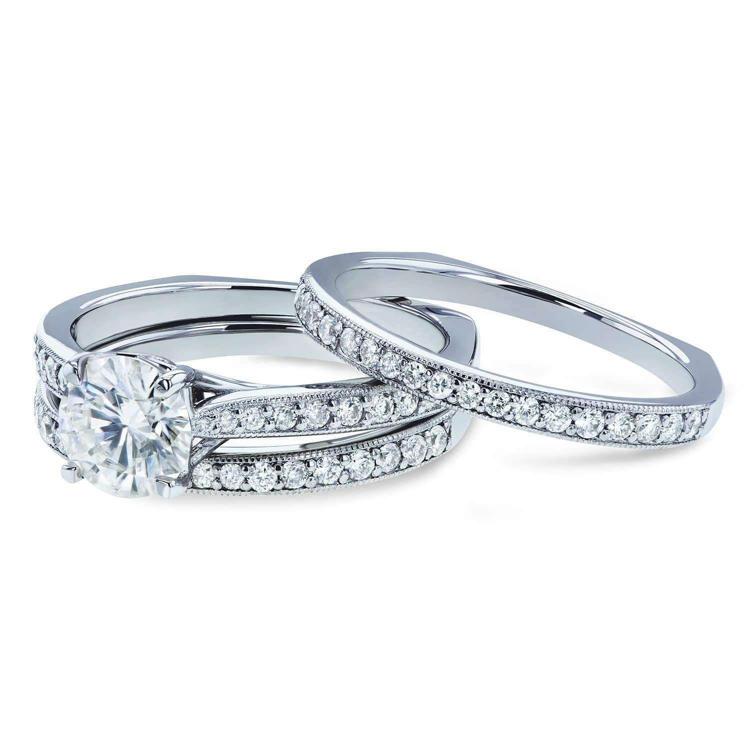 Kobelli Round Diamond Square European Shank Vintage Trellis Bridal Set 1 3/5 CTW 14k White Gold, 3 Piece