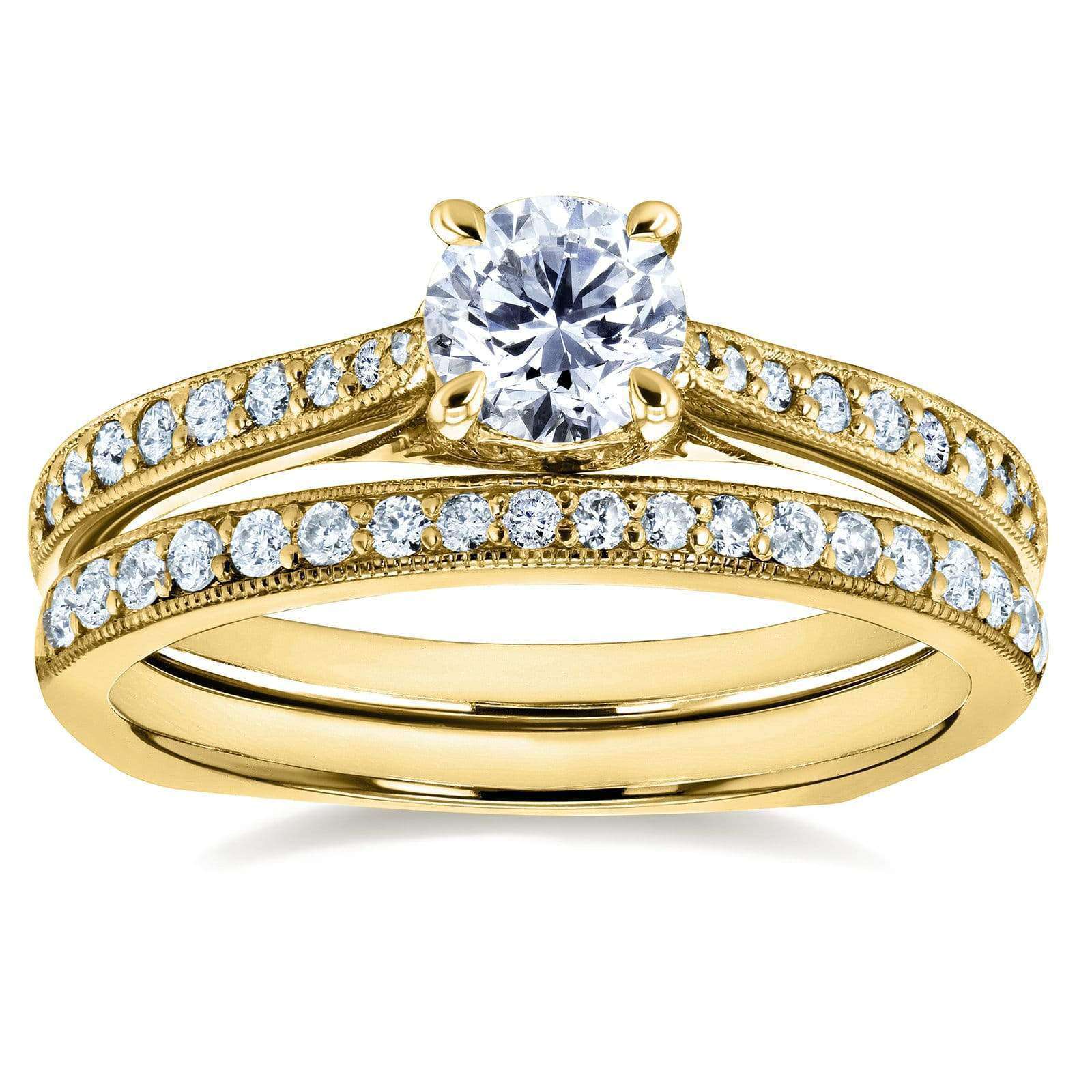 Kobelli Round Diamond Square European Shank Vintage Trellis 2 Piece Bridal Set 7/8 CTW 14k Yellow Gold