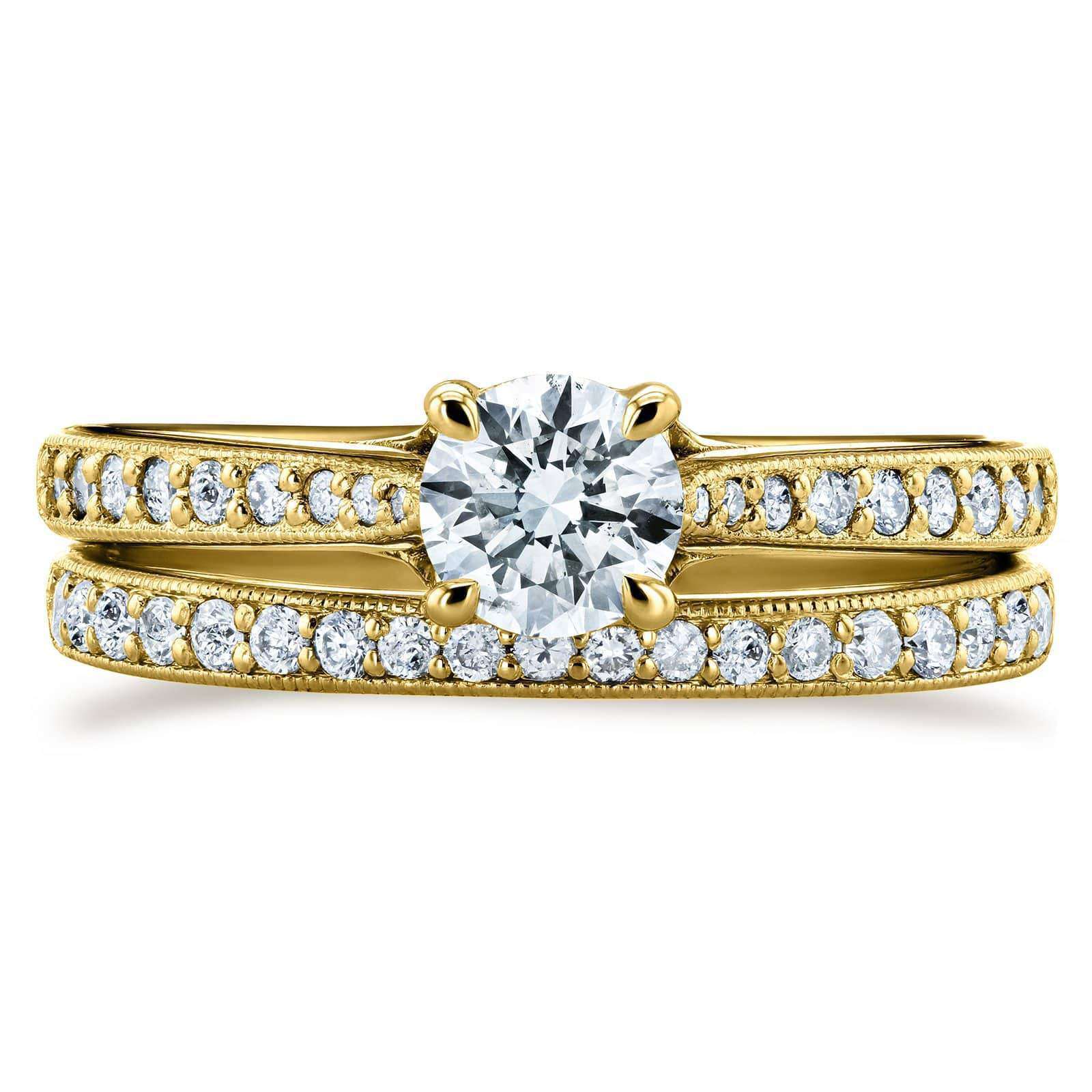 Kobelli Round Diamond Square European Shank Vintage Trellis 2 Piece Bridal Set 7/8 CTW 14k Yellow Gold