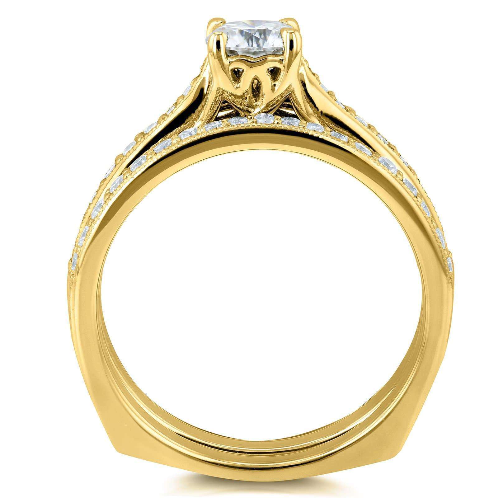 Kobelli Round Diamond Square European Shank Vintage Trellis 2 Piece Bridal Set 7/8 CTW 14k Yellow Gold