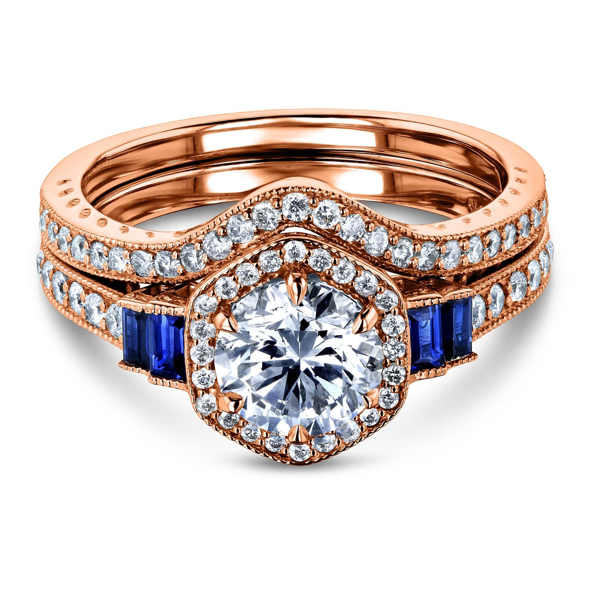 Kobelli Hexagon Halo Sapphire and Diamond Bridal Set 14k Gold (1 3/4 CTW)