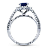 Kobelli-Saphir- und Diamant-Halo-Verlobungsring mit geteiltem Schaft