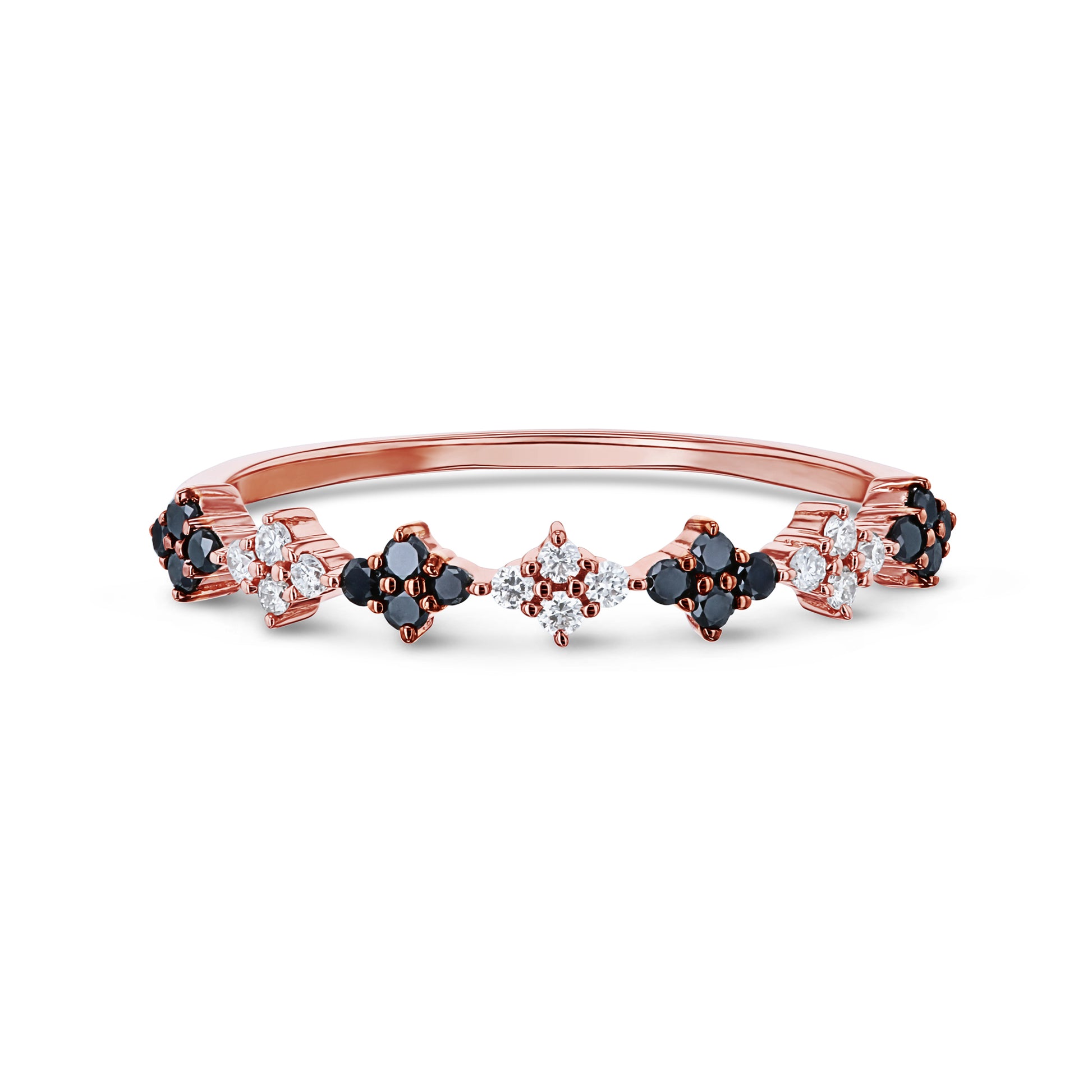 A rose gold fashion ring featuring alternating black and white diamond segments arranged in diamond-shaped square formations.