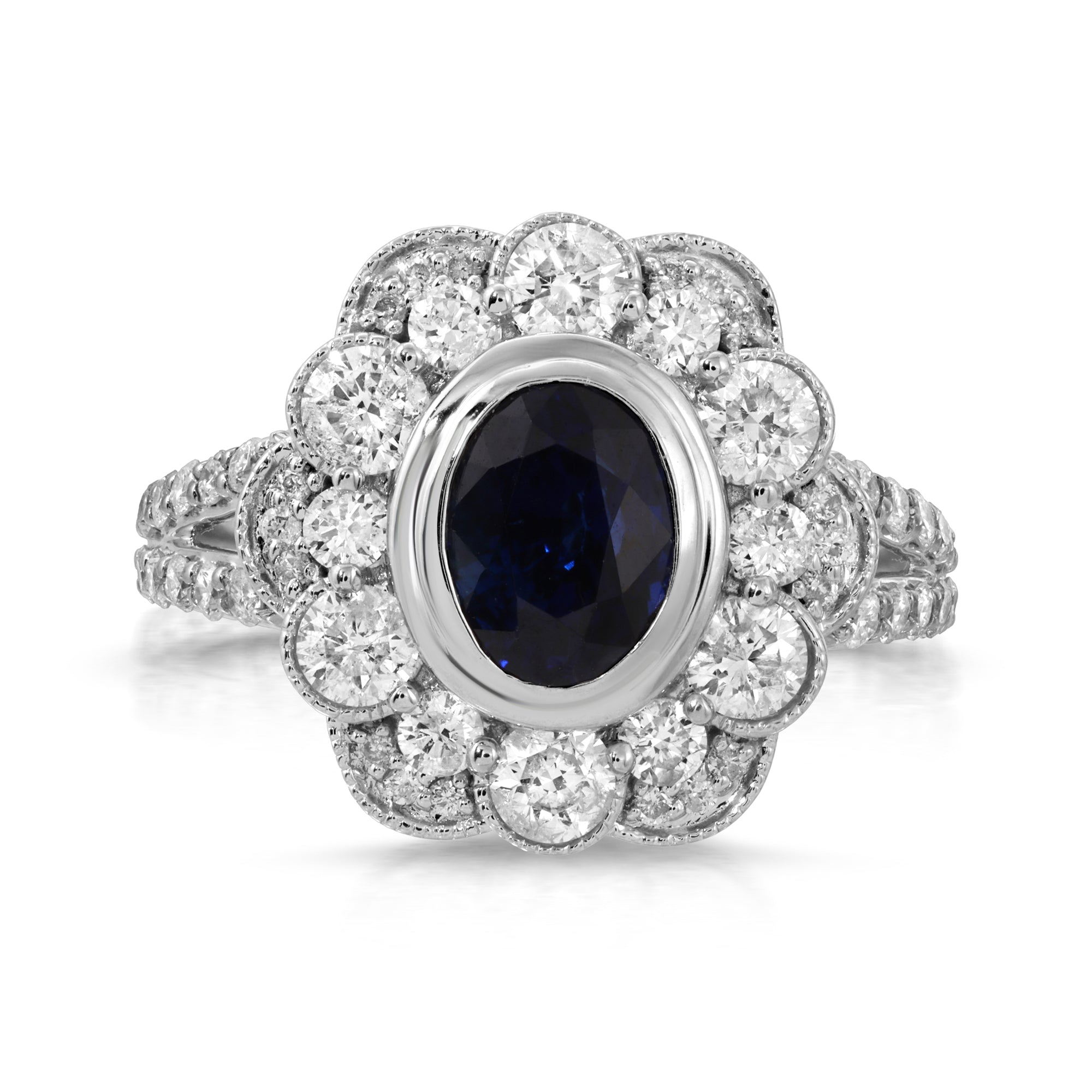 Black-Blue Sapphire & White Diamonds in White Gold - Floral Oval ...