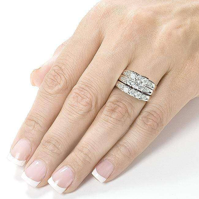 Kobelli Three Stone Round Diamond Bridal Set 1 5/8 carat (ctw) in 14k White Gold (3 Piece Set)