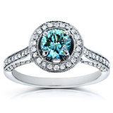 Anel de noivado Kobelli Vintage Fancy Blue Diamond Diamond Halo 1 CTW em ouro branco 14k
