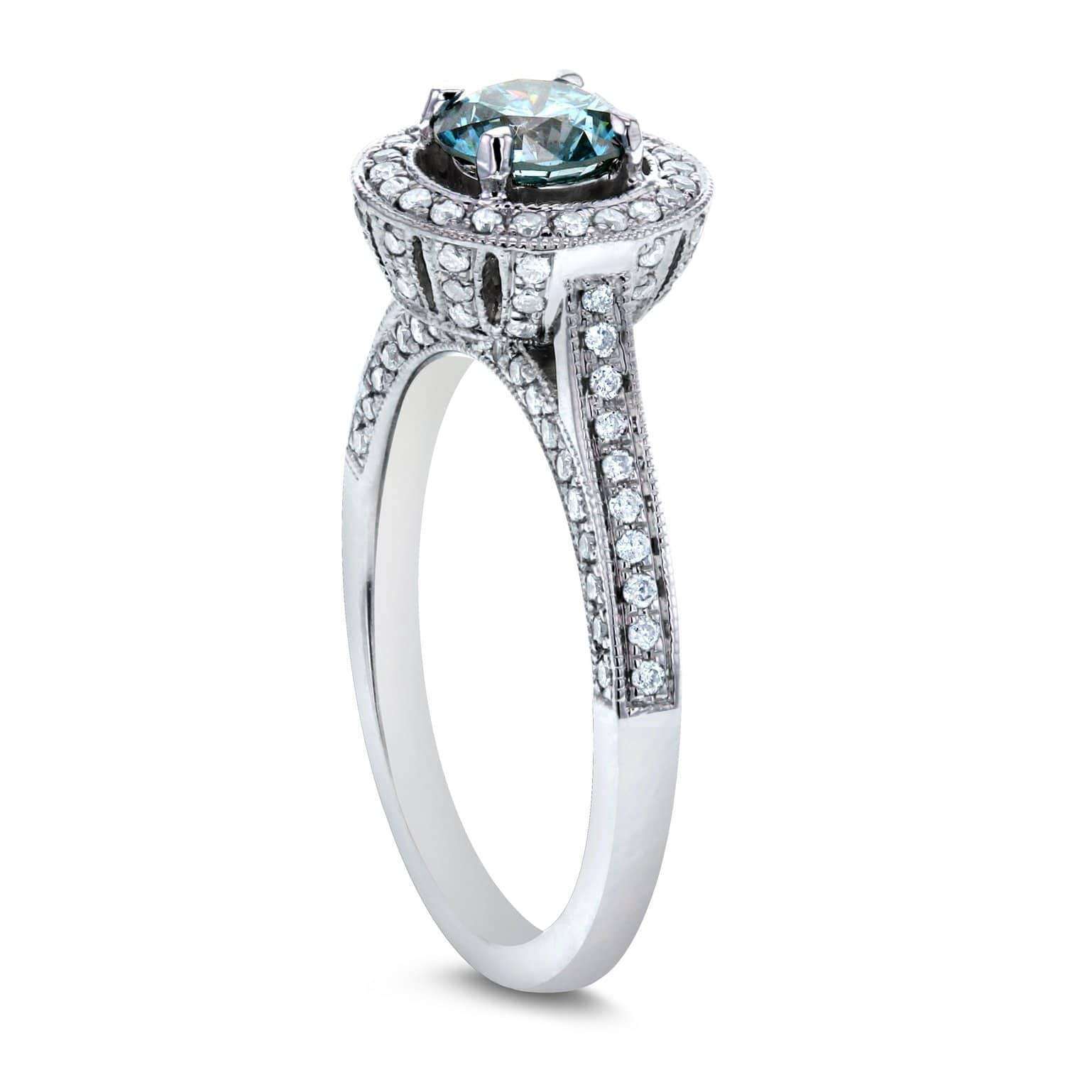 Kobelli Vintage Fancy Blue Diamond Diamond Halo Engagement Ring 1 CTW in 14k White Gold