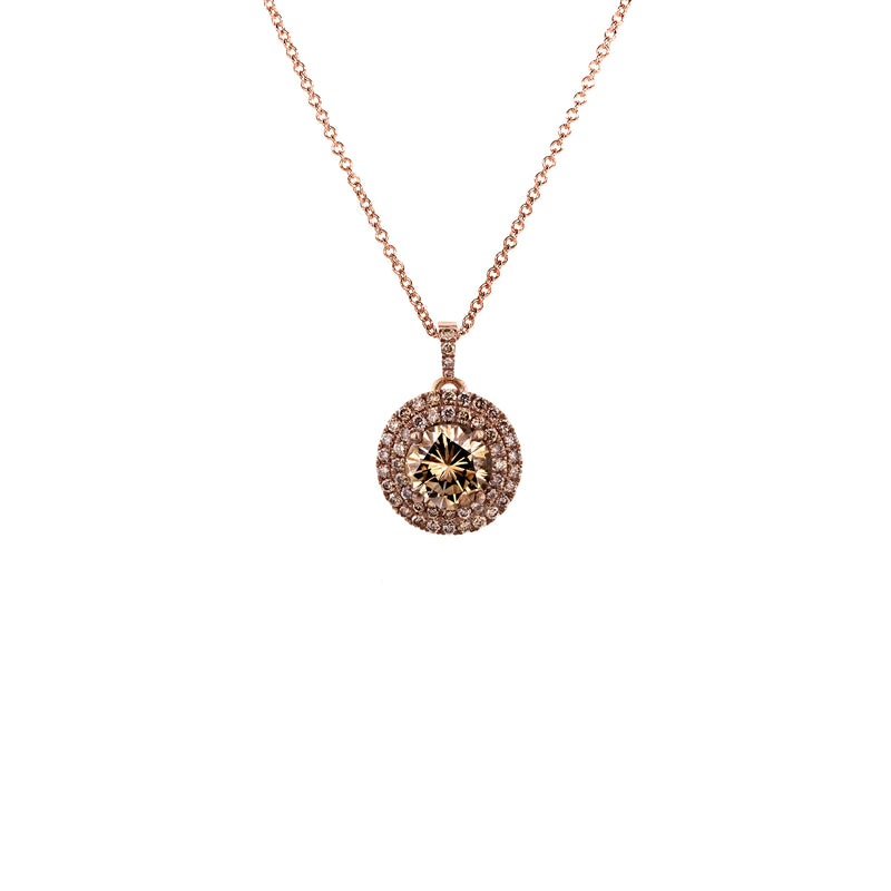 18k Rose Gold Champagne Double Halo Diamond Pendant 1 7/8 CTW with 14k Rose Gold Chain