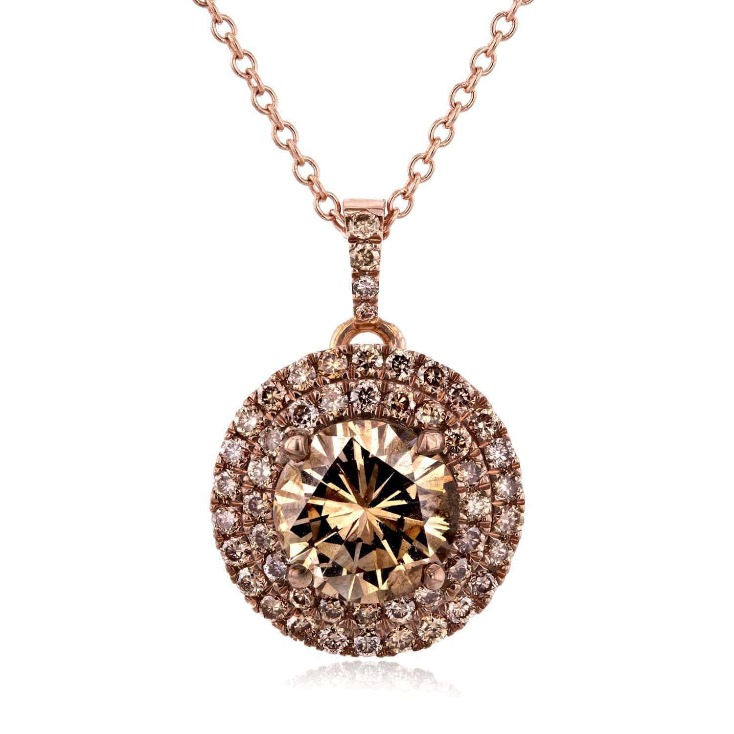Kobelli 18k Rose Gold Champagne Double Halo Diamond Pendant 1 7/8 CTW with 14k Rose Gold Chain 71273X