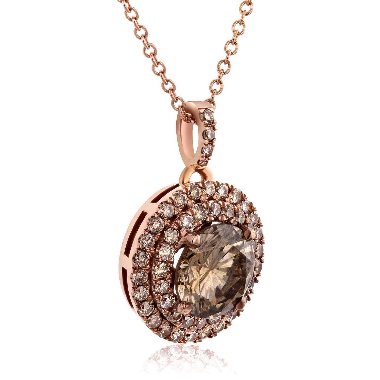 Kobelli 18k Rose Gold Champagne Double Halo Diamond Pendant 1 7/8 CTW with 14k Rose Gold Chain 71273X