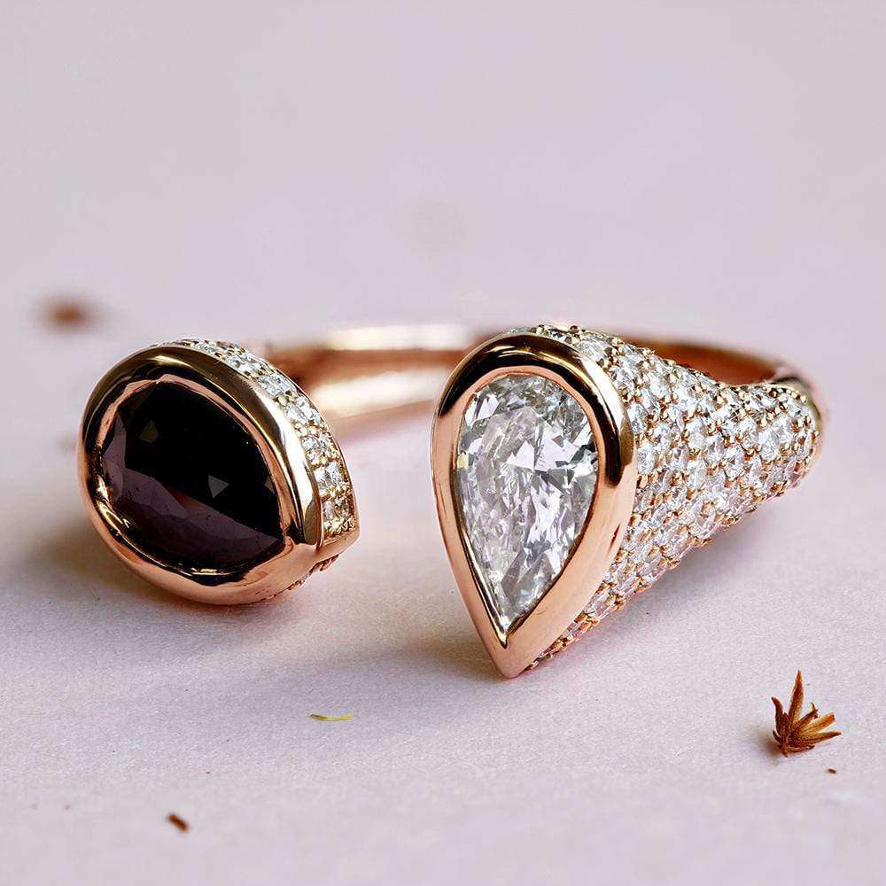 Kobelli Two Collection Certified Black and White Pear Diamond, Bezel and Pave Open Wrap-around Ring 3 7/8 CTW 18k Rose Gold - Size 7 71384X/7R