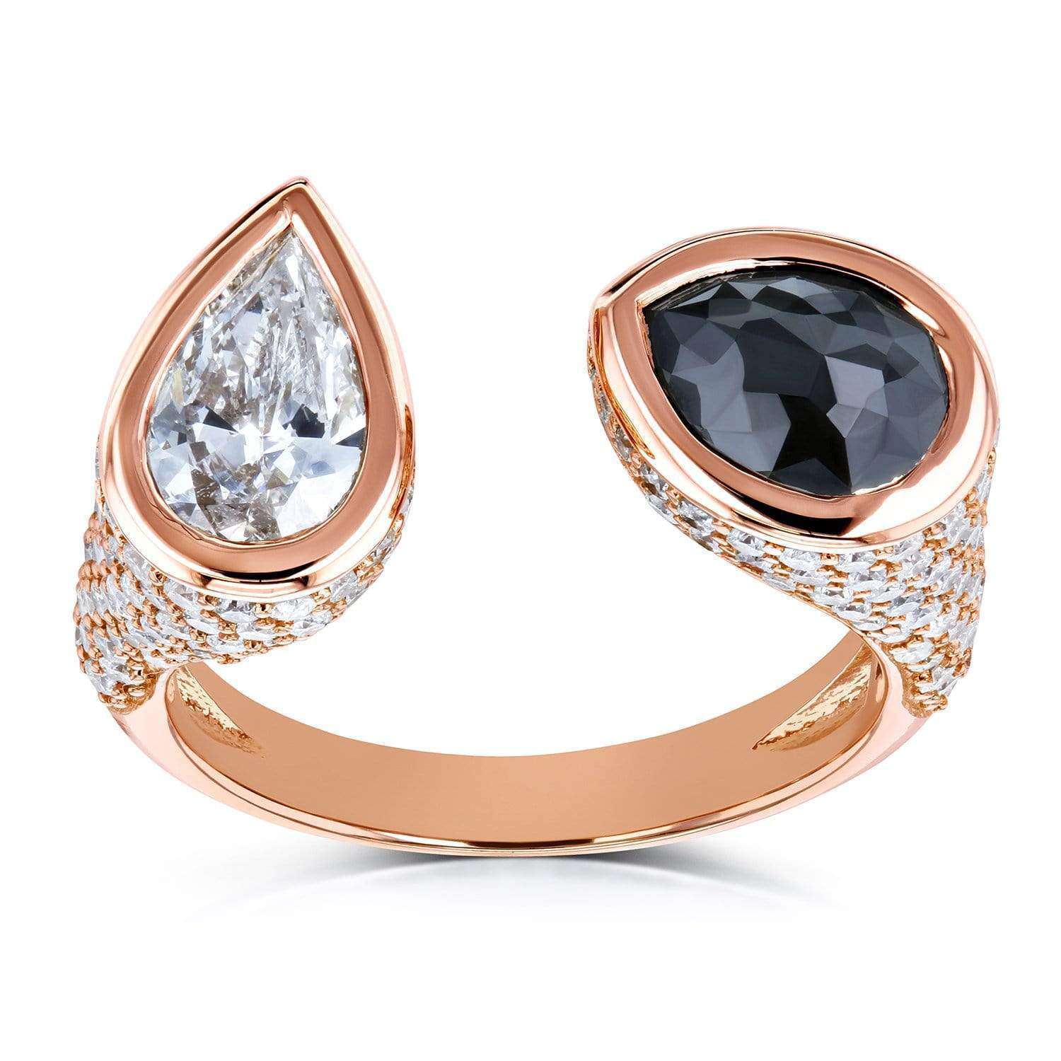 Kobelli Two Collection Certified Black and White Pear Diamond, Bezel and Pave Open Wrap-around Ring 3 7/8 CTW 18k Rose Gold - Size 7 71384X/7R