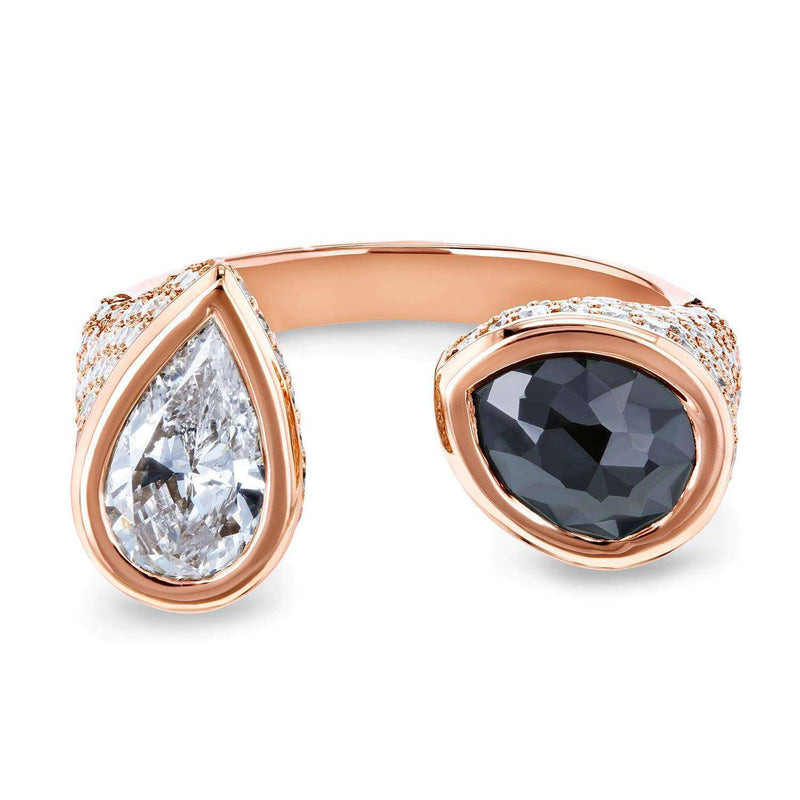 Kobelli Two Collection Certified Black and White Pear Diamond, Bezel and Pave Open Wrap-around Ring 3 7/8 CTW 18k Rose Gold - Size 7 71384X/7R