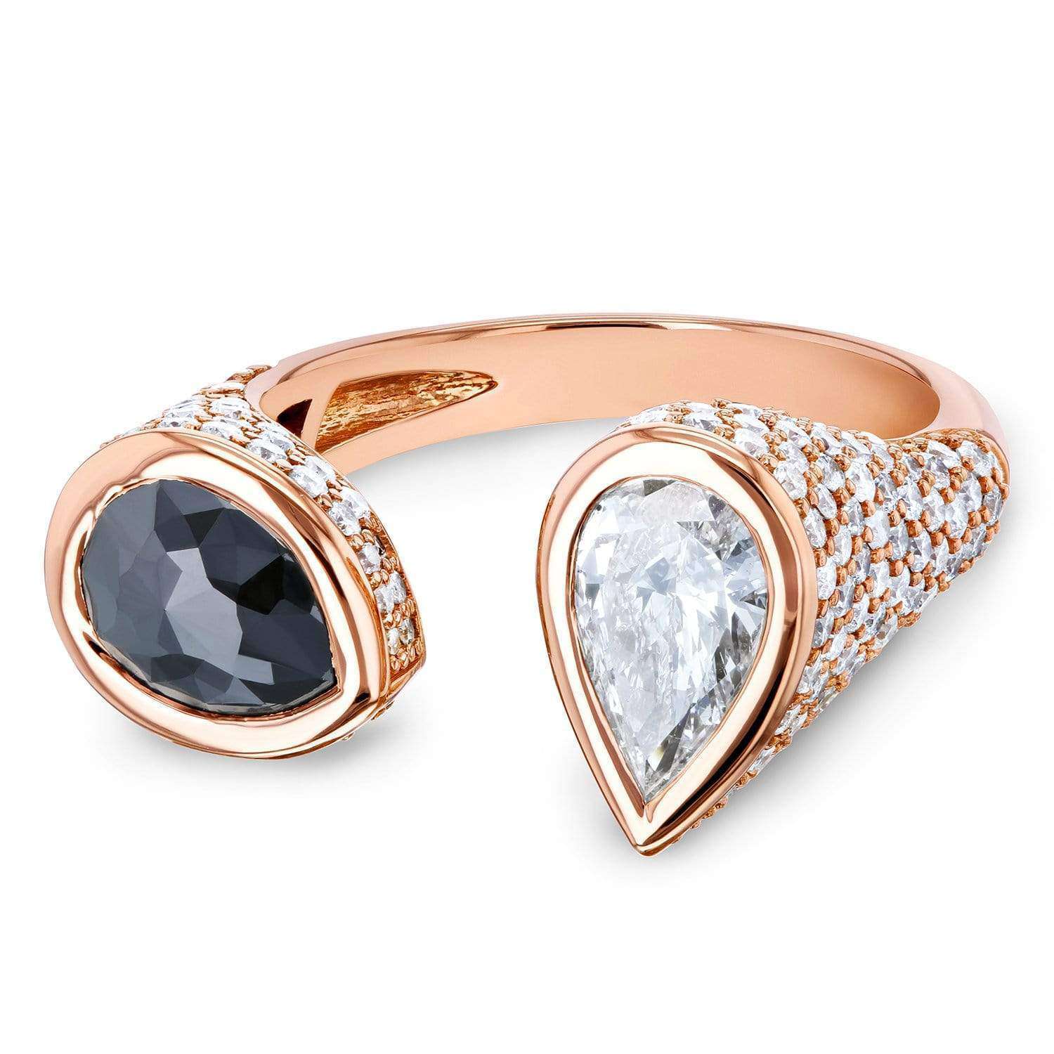 Kobelli Two Collection Certified Black and White Pear Diamond, Bezel and Pave Open Wrap-around Ring 3 7/8 CTW 18k Rose Gold - Size 7 71384X/7R