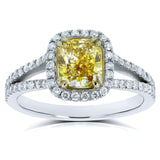 Kobelli GIA Certified Fancy Vivid Yellow Cushion Diamond Halo Split Shank Ring 1 3/5 CTW 18k Two Tone Gold