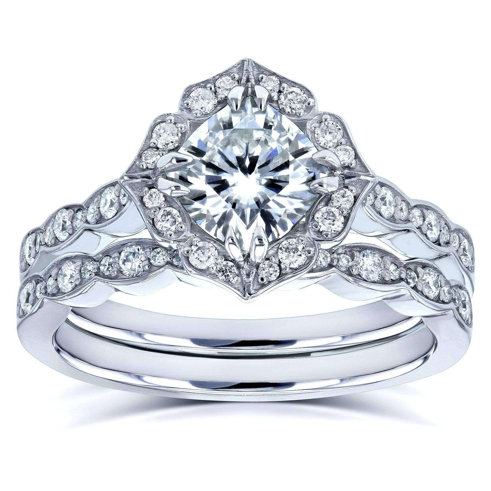 Kobelli Cushion Moissanite (DEF) and Diamond Floral Bridal Rings Set 1 2/5 CTW 14k White Gold - One of a Kind