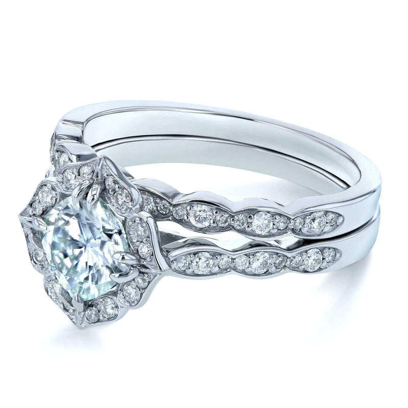 Kobelli Cushion Moissanite (DEF) and Diamond Floral Bridal Rings Set 1 2/5 CTW 14k White Gold - One of a Kind