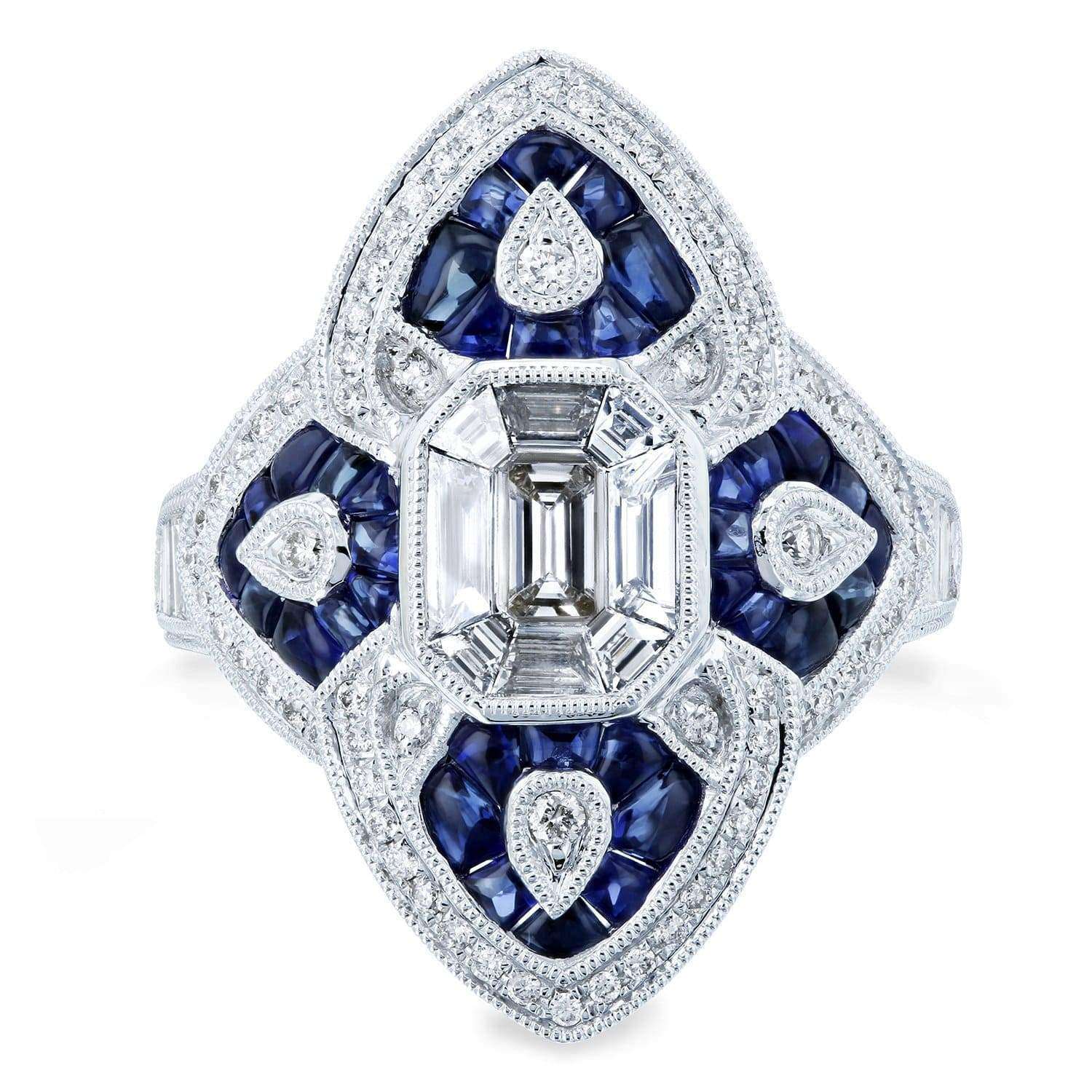Kobelli Diamond and Sapphire Cabochon Ornate Long Pointed Ring 2 1/2 CTW 14k White Gold  - Size 7 71432X/7W