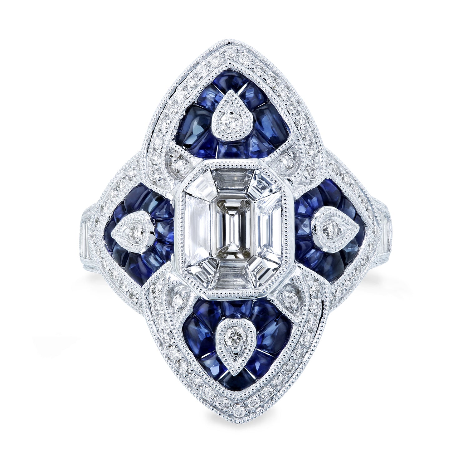 2.5 Carat Natural Diamond & Sapphire Cabochon Dual Pointed Shield Ring