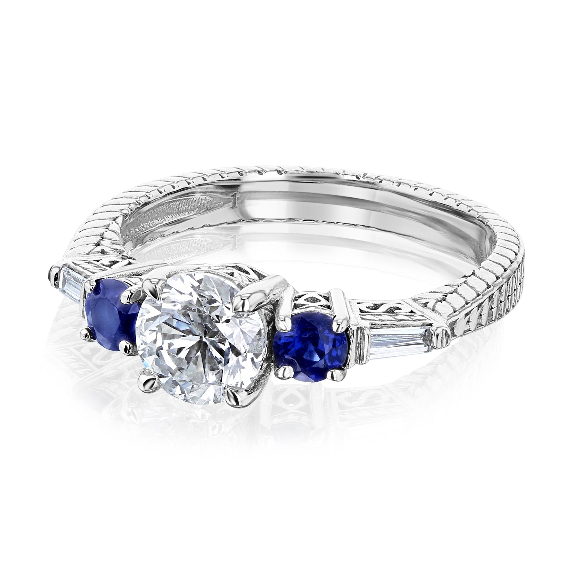 Kobelli Diamond and Blue Sapphire Vintage-Style Engraved Engagement Ring 