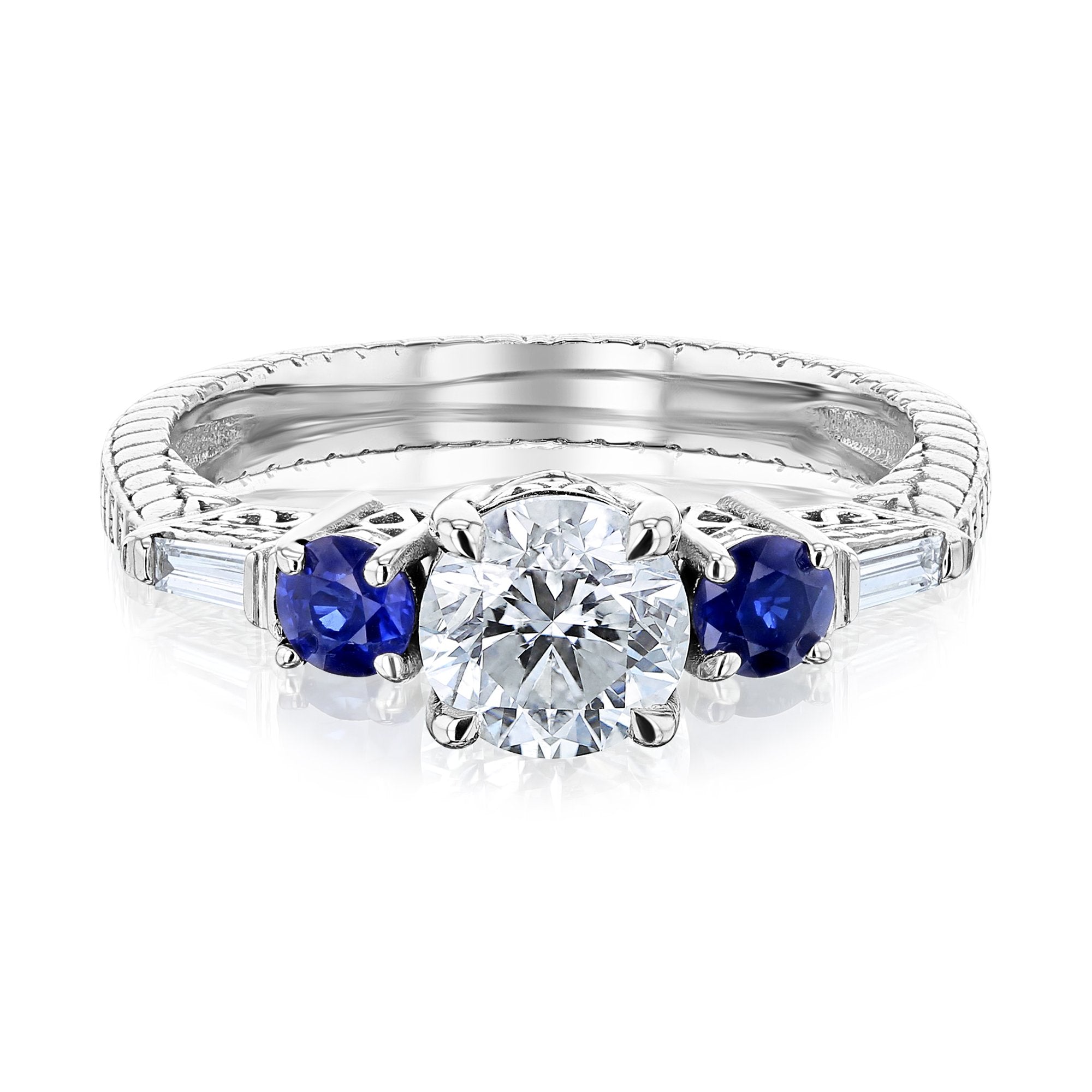 Kobelli Diamond and Blue Sapphire Vintage-Style Engraved Engagement Ring 