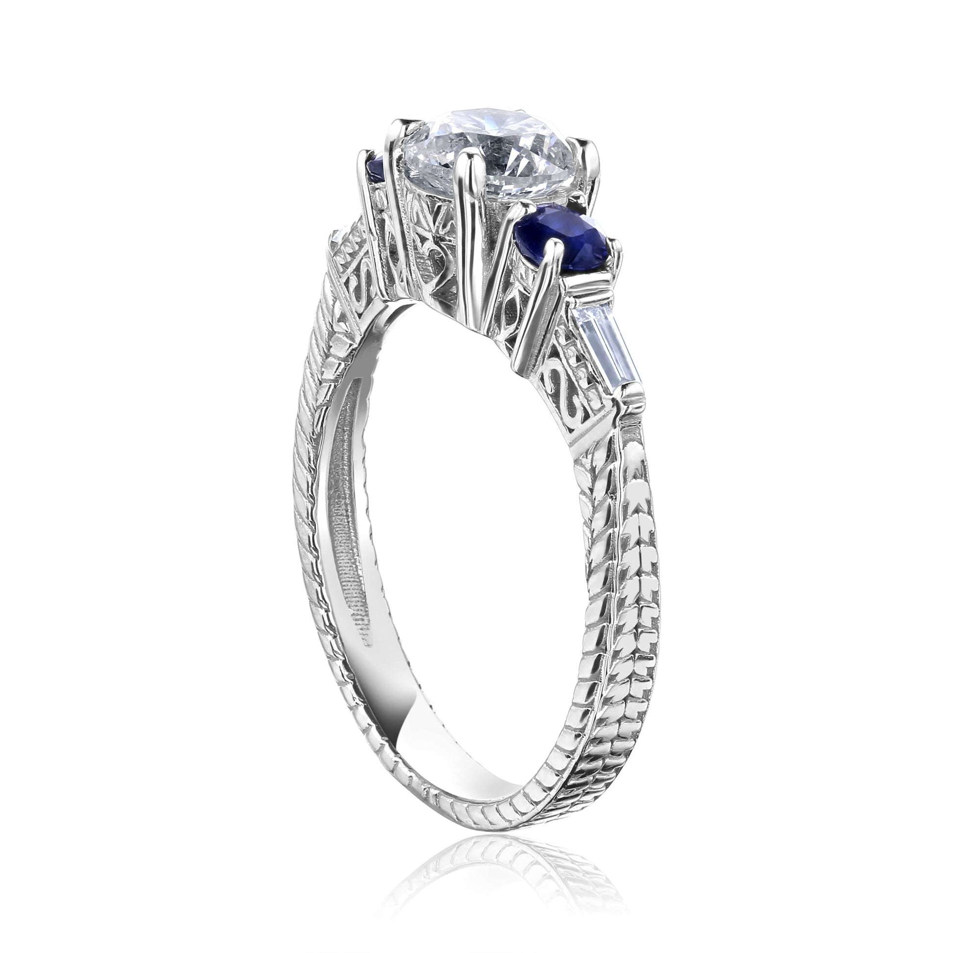 Kobelli Diamond and Blue Sapphire Vintage-Style Engraved Engagement Ring 