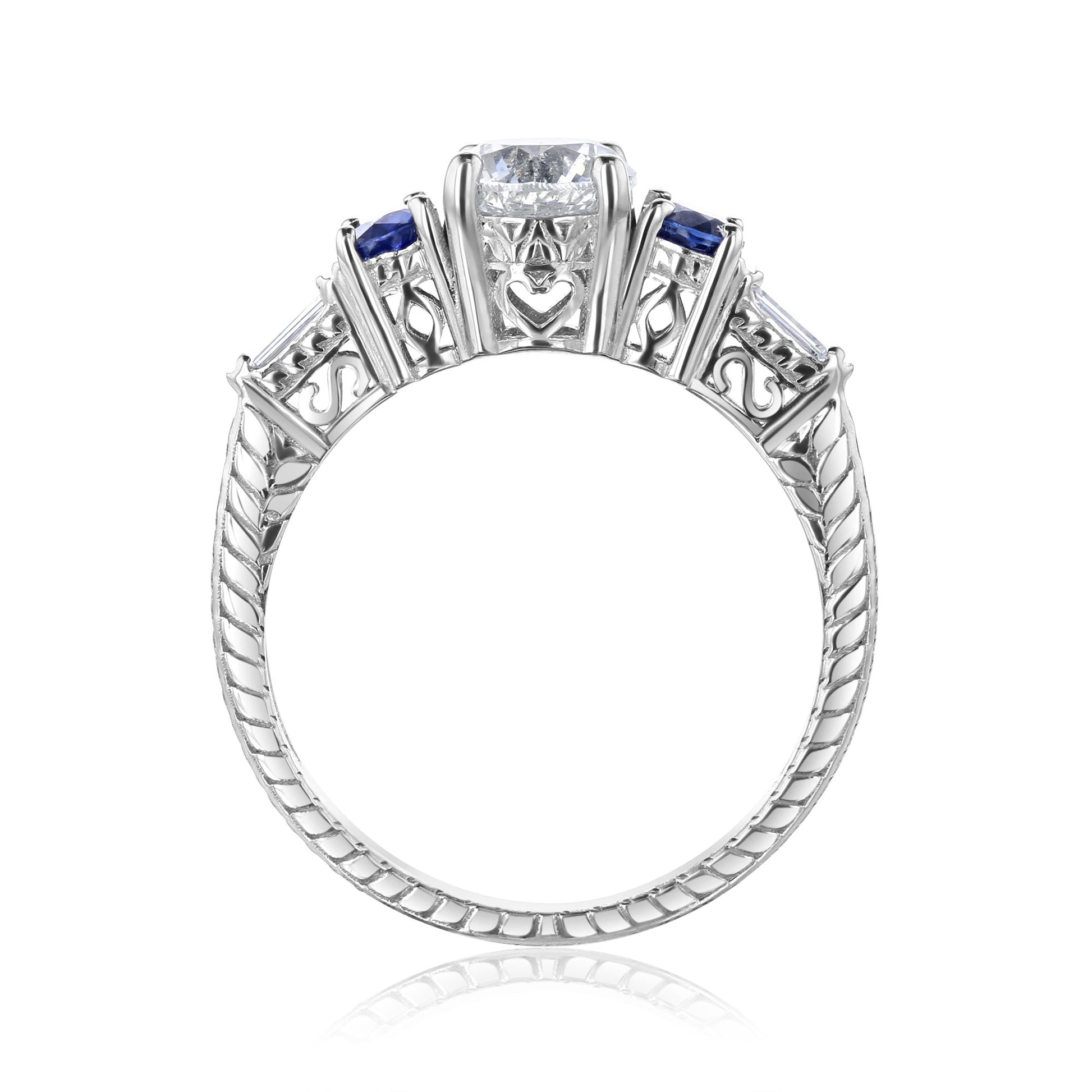 Kobelli Diamond and Blue Sapphire Vintage-Style Engraved Engagement Ring 