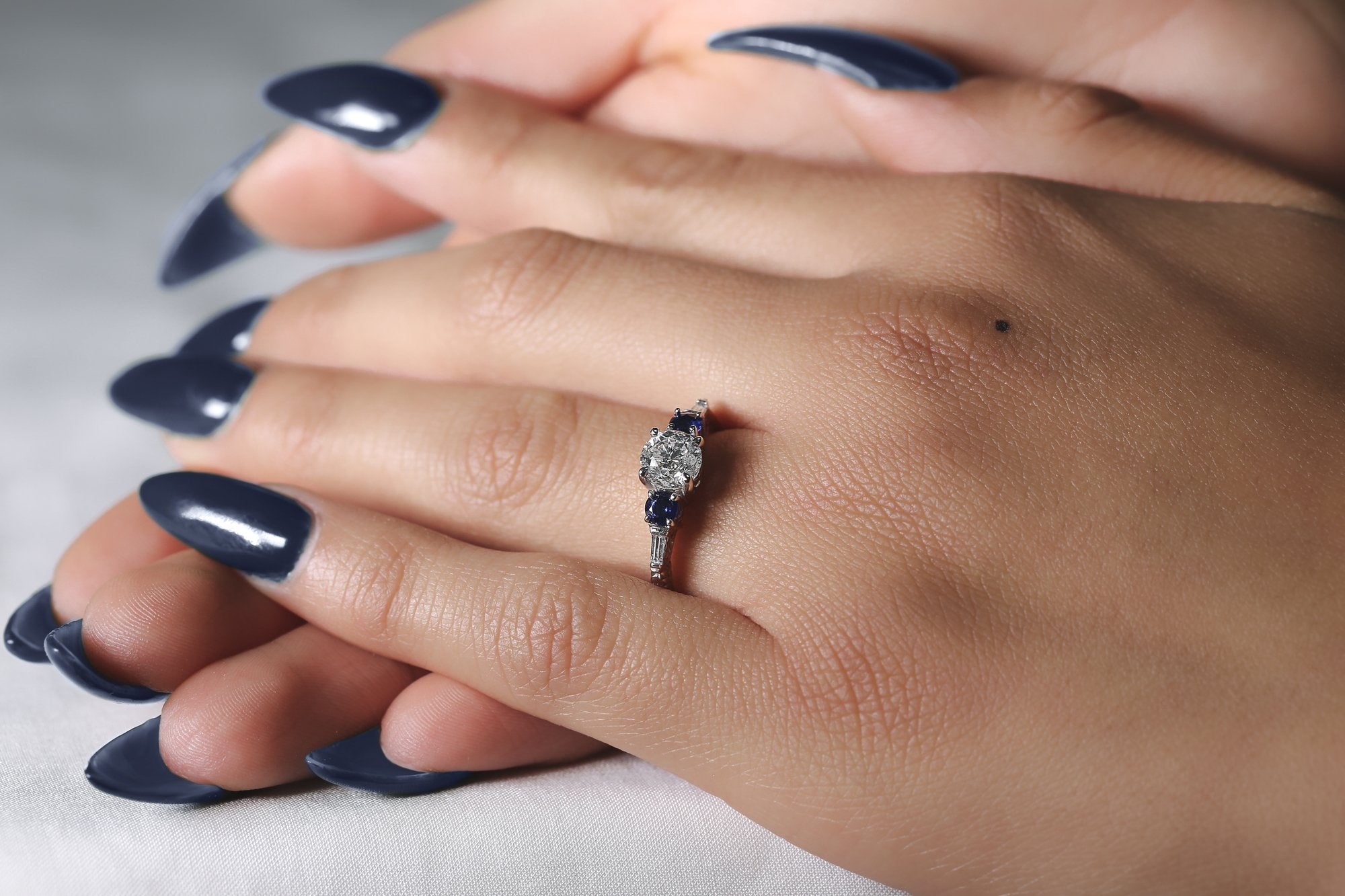 Kobelli Diamond and Blue Sapphire Vintage-Style Engraved Engagement Ring 