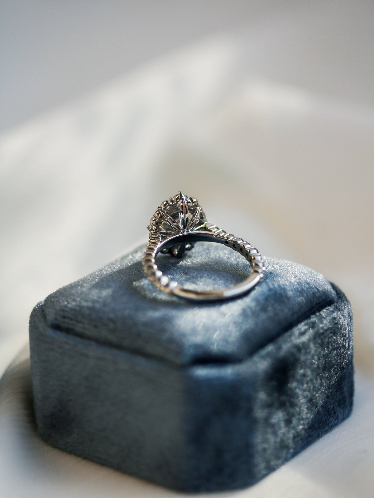 inside angle of Royal Scallop contoured series sitting on a blue ring box