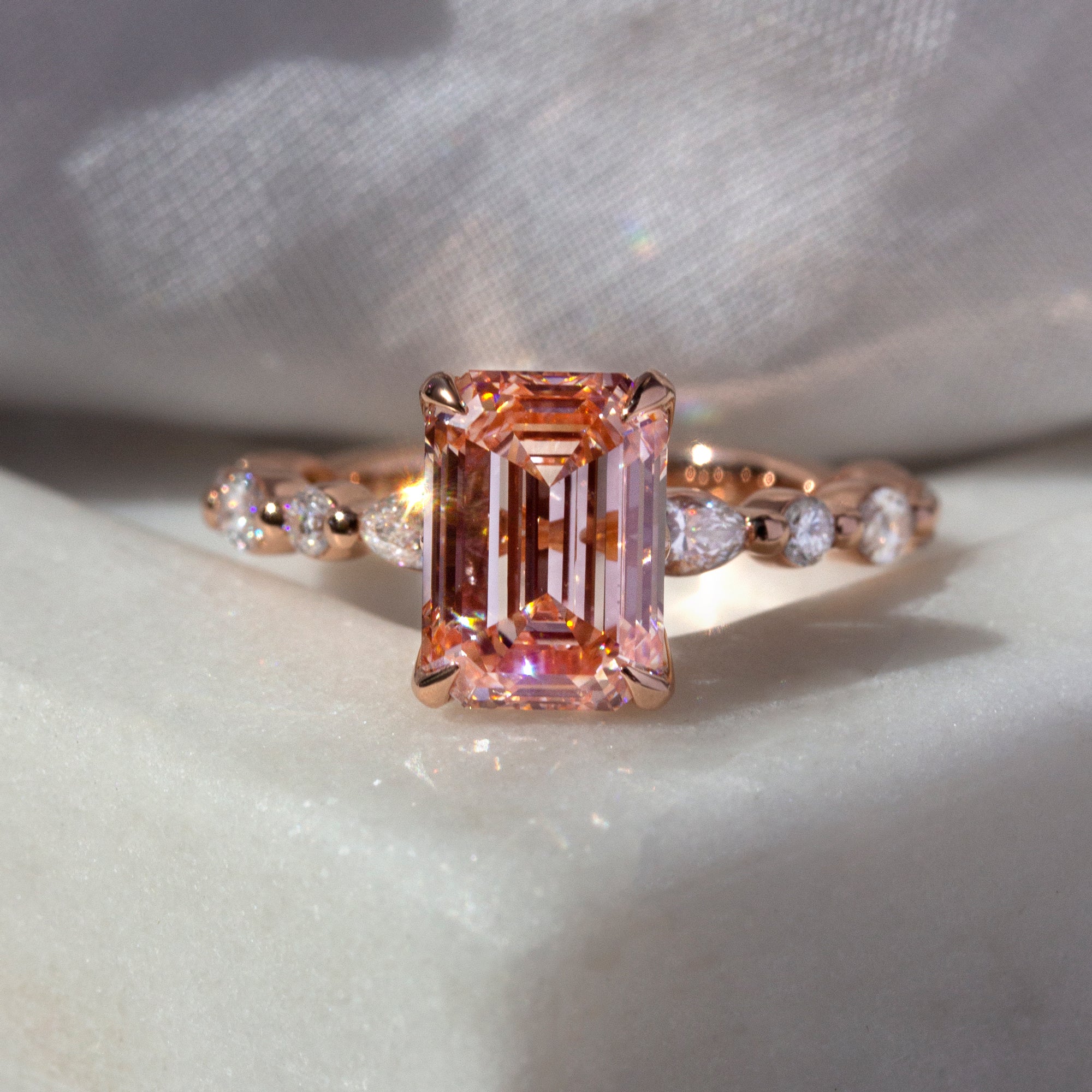 Intense Fancy Pink Emerald-cut Diamond with Round & Marquise White ...