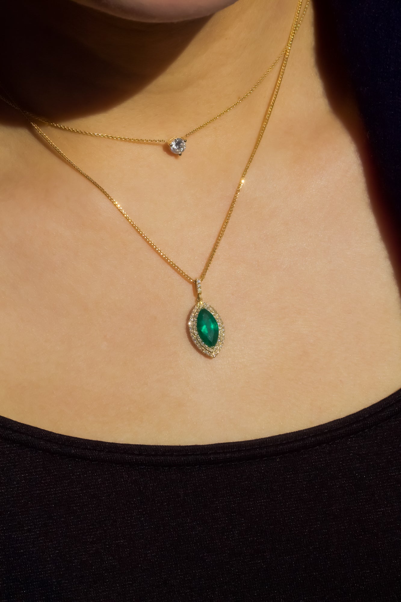Kobelli Marquise Green Emerald & White Diamond Double Halo 18k Gold Necklace