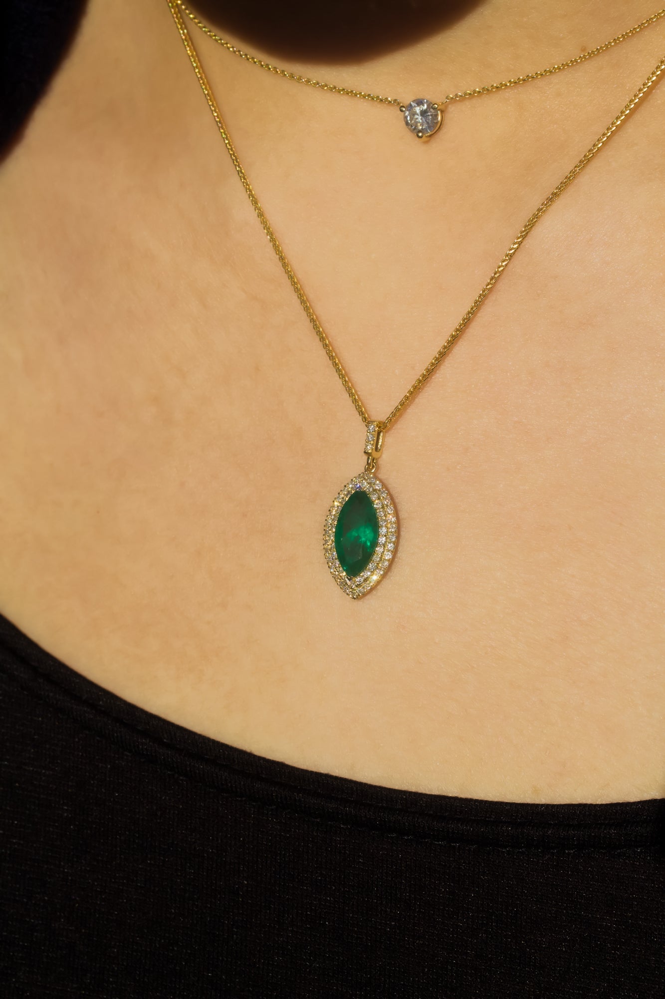 Kobelli Marquise Green Emerald & White Diamond Double Halo 18k Gold Necklace