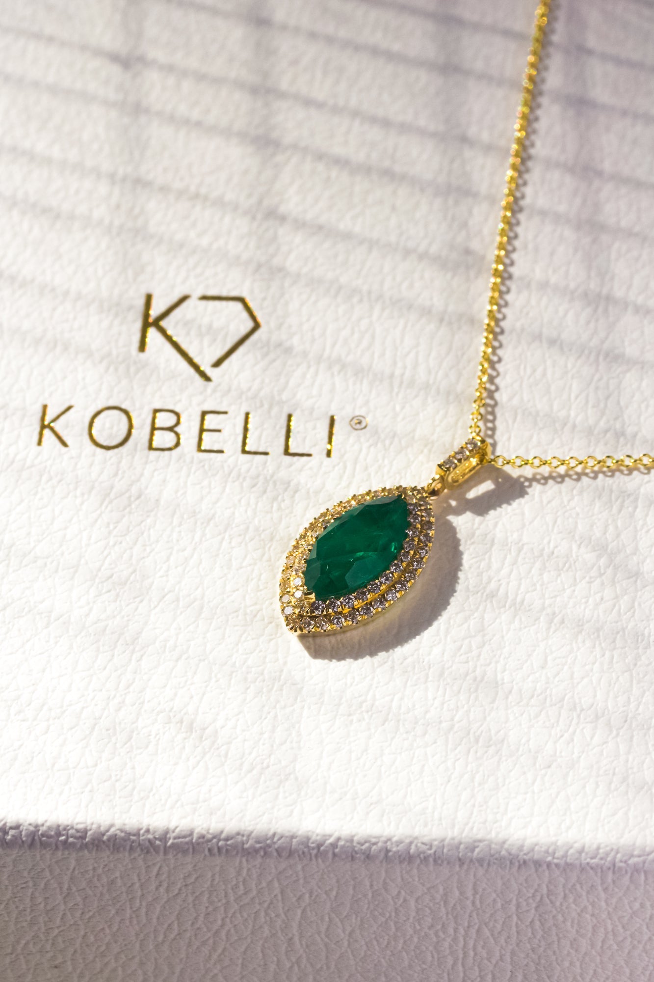 Kobelli Marquise Green Emerald & White Diamond Double Halo 18k Gold Necklace