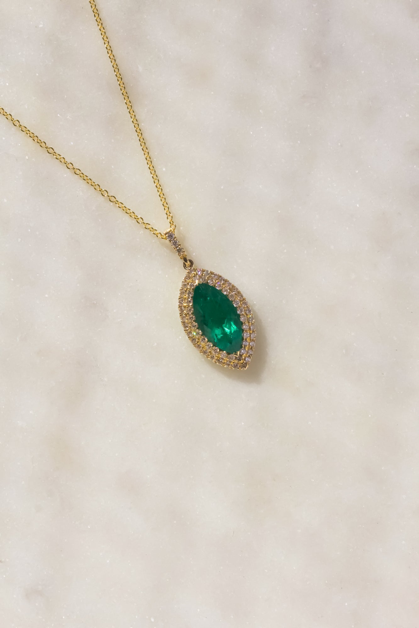 Kobelli Marquise Green Emerald & White Diamond Double Halo 18k Gold Necklace
