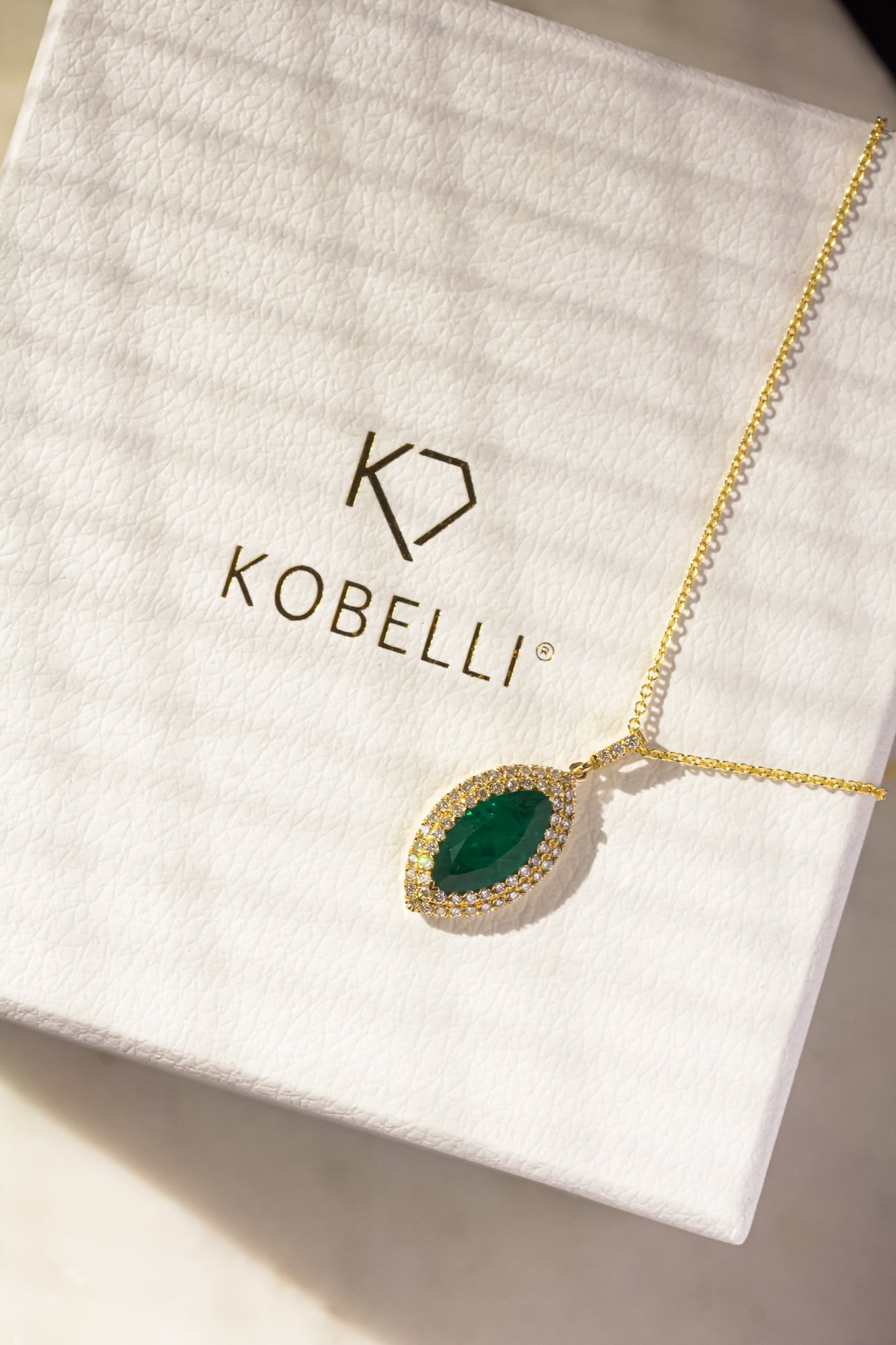 Kobelli Marquise Green Emerald & White Diamond Double Halo 18k Gold Necklace